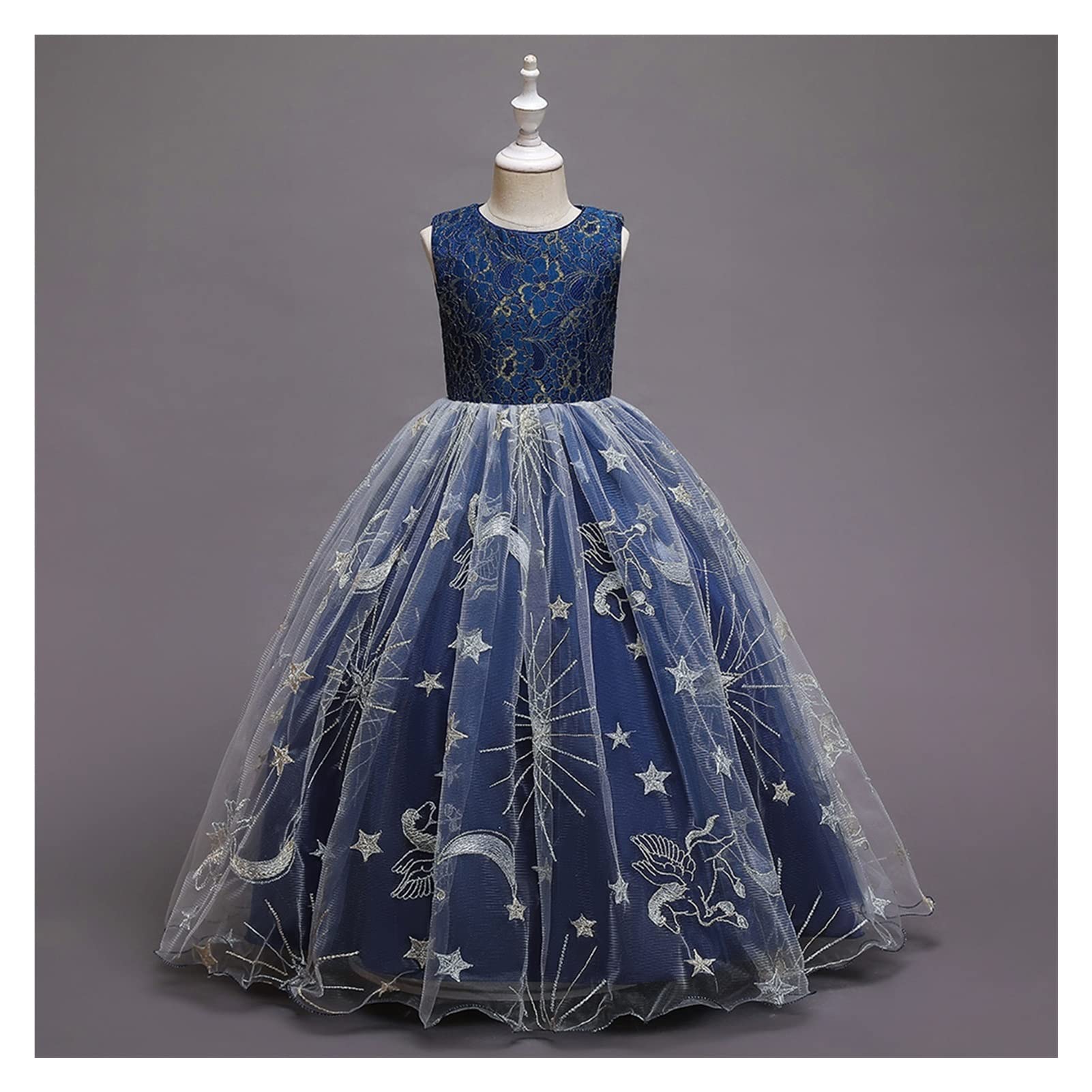 Summer Princess Dress Girls Flower Embroidery Dress For Girls Vintage Wedding Party Formal Ball Gown Clothing (Color : Blue, Size : 12T)