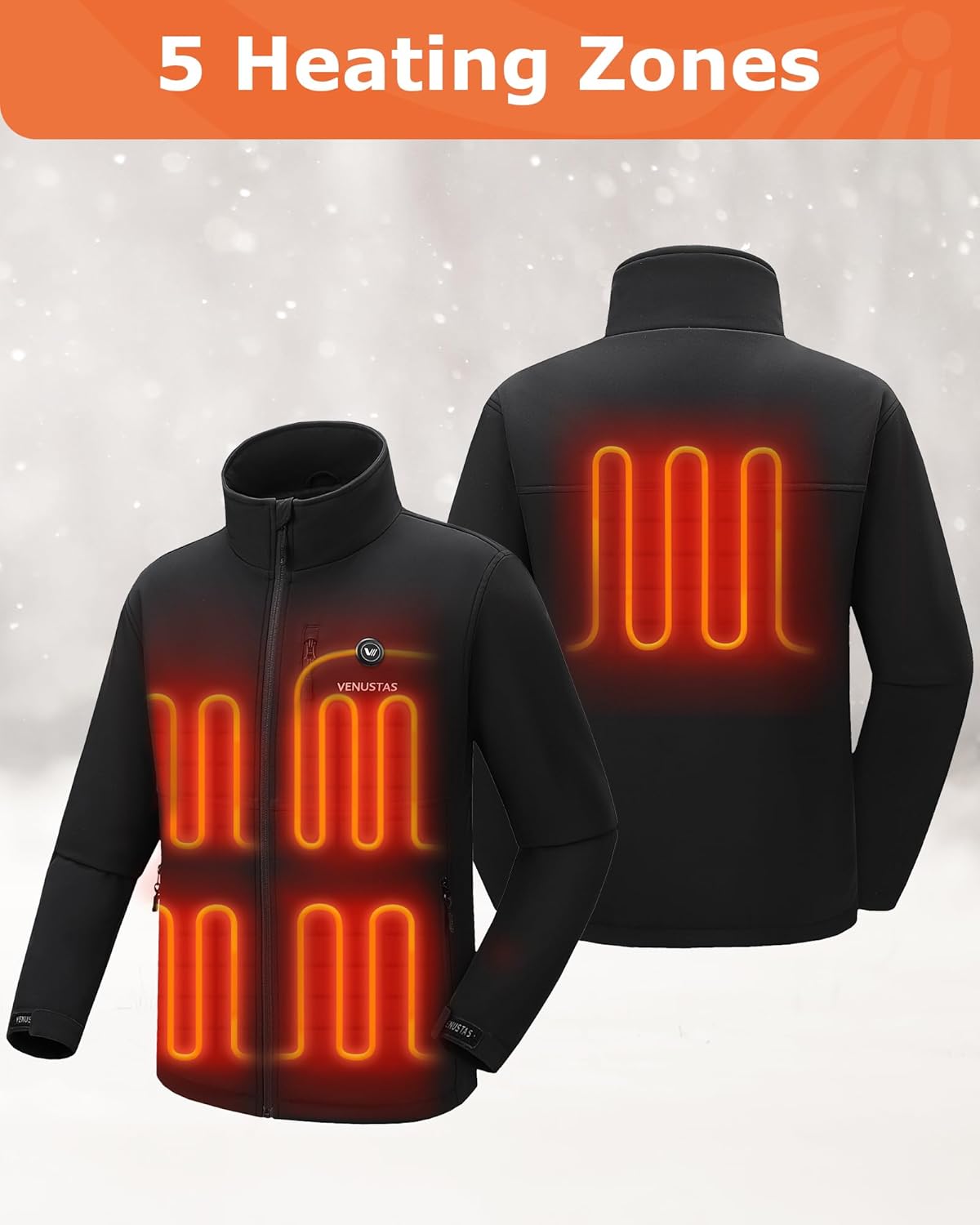 Venustas Men's Softshell Heated Jacket (Black, Medium) with 7.4V Battery Pack Included and One Extra Ultra-Compact 7.4V Battery