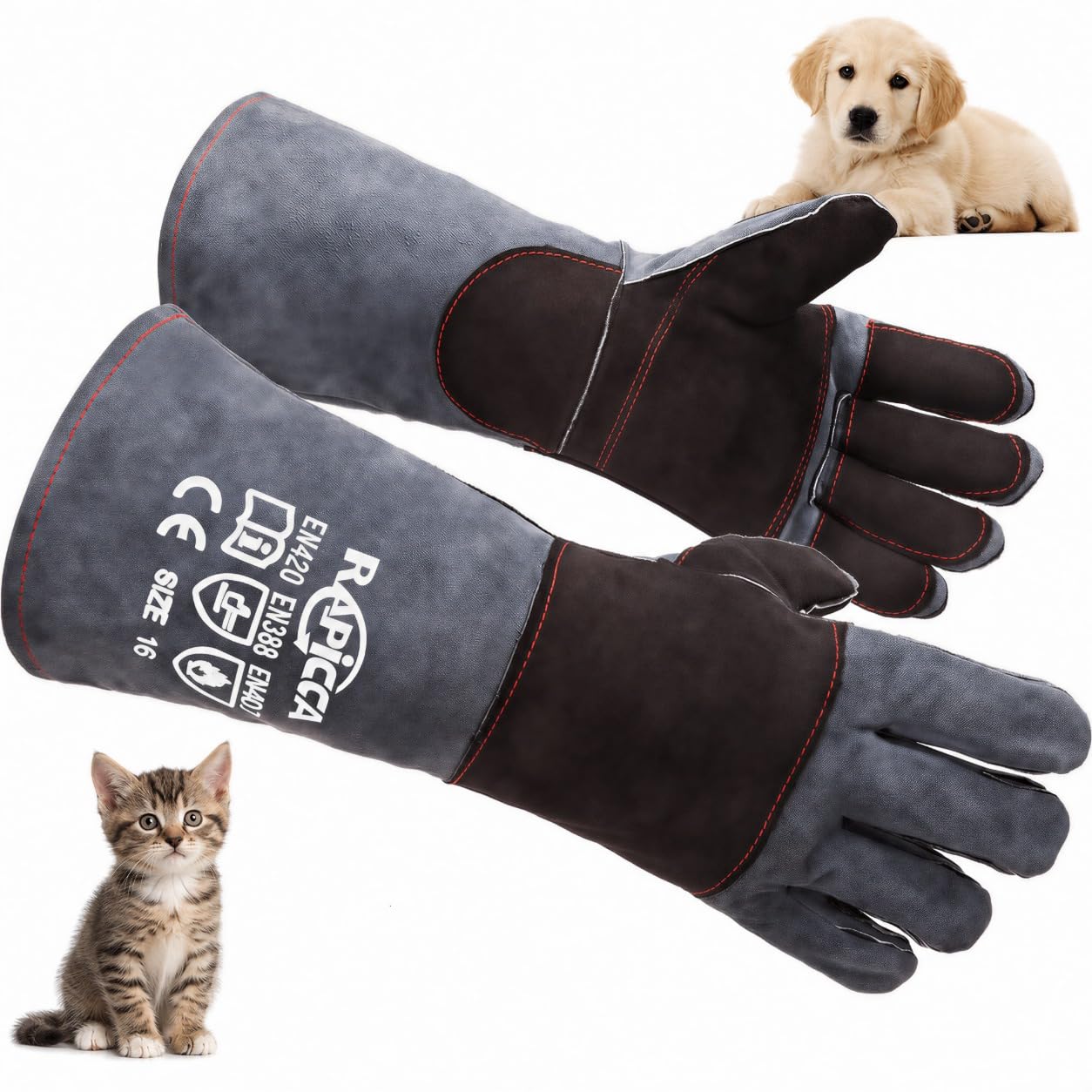 RAPICCA Animal Handling Gloves, Bite Proof Double Leather, 16in Grey-Black