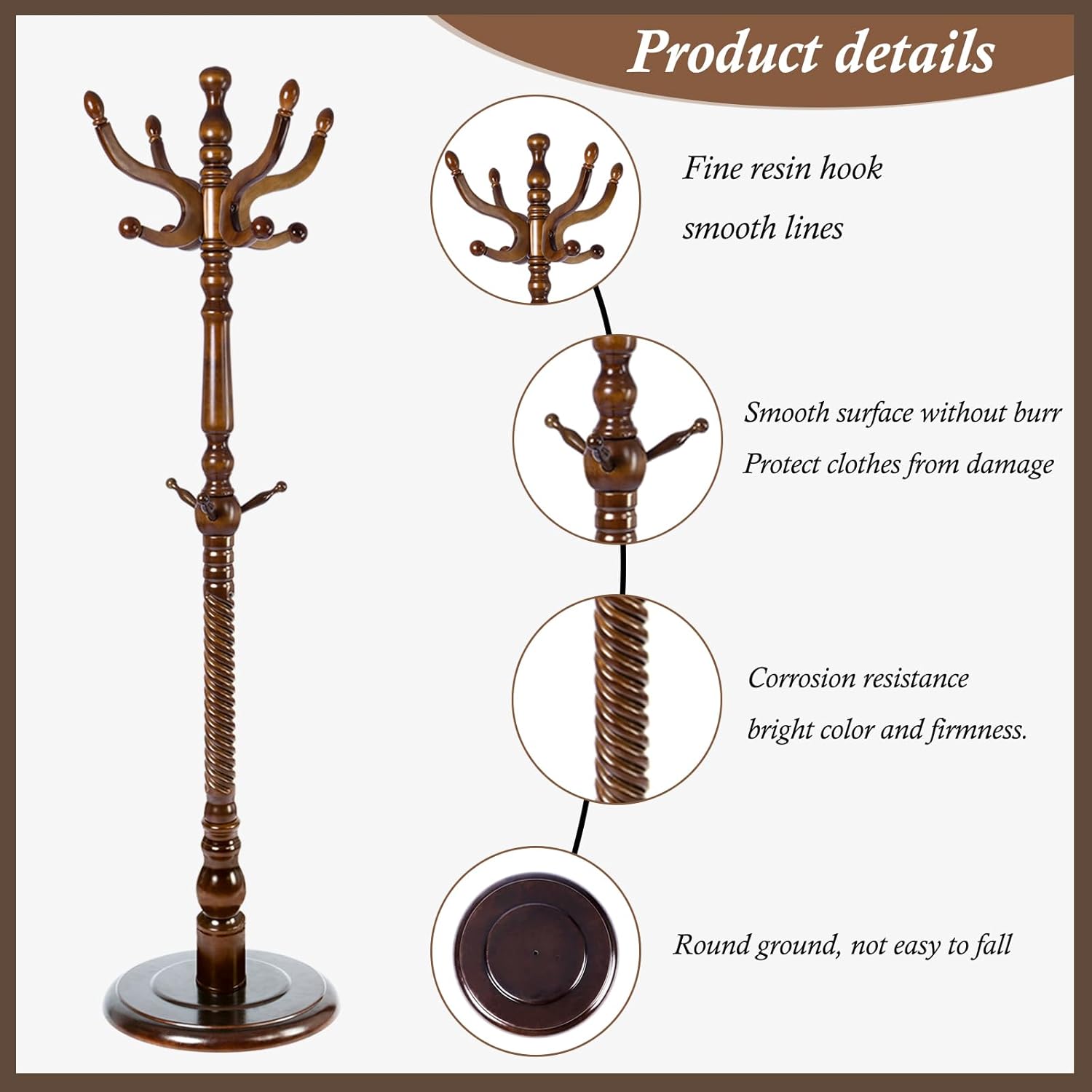 Wooden Coat Rack Freestanding, Vintage Coat Racks with Sturdy Round Base, Adjustable Height 37.40"-72.83" Entrance Coat Rack for Bedroom Living Room Entryway (Vintage Circular)