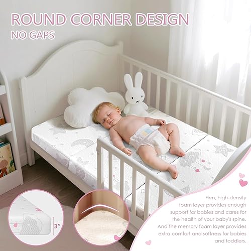 Miniatura 7 de Colchón triple Pack and Play, 38 x 26 pulgadas, colchón de espuma viscoelástica de doble cara Pack N Play, colchón plegable portátil para cuna de
