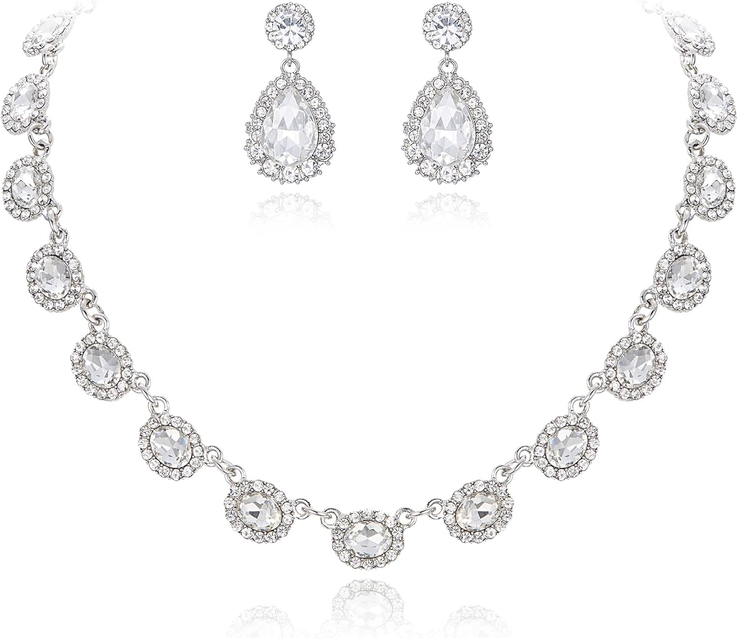 Crysdue Bridal Wedding Jewelry for Women Oval Teardrop Rhinestone Crystal Collar Necklace Pierced Dangle Earrings Set for Prom Party