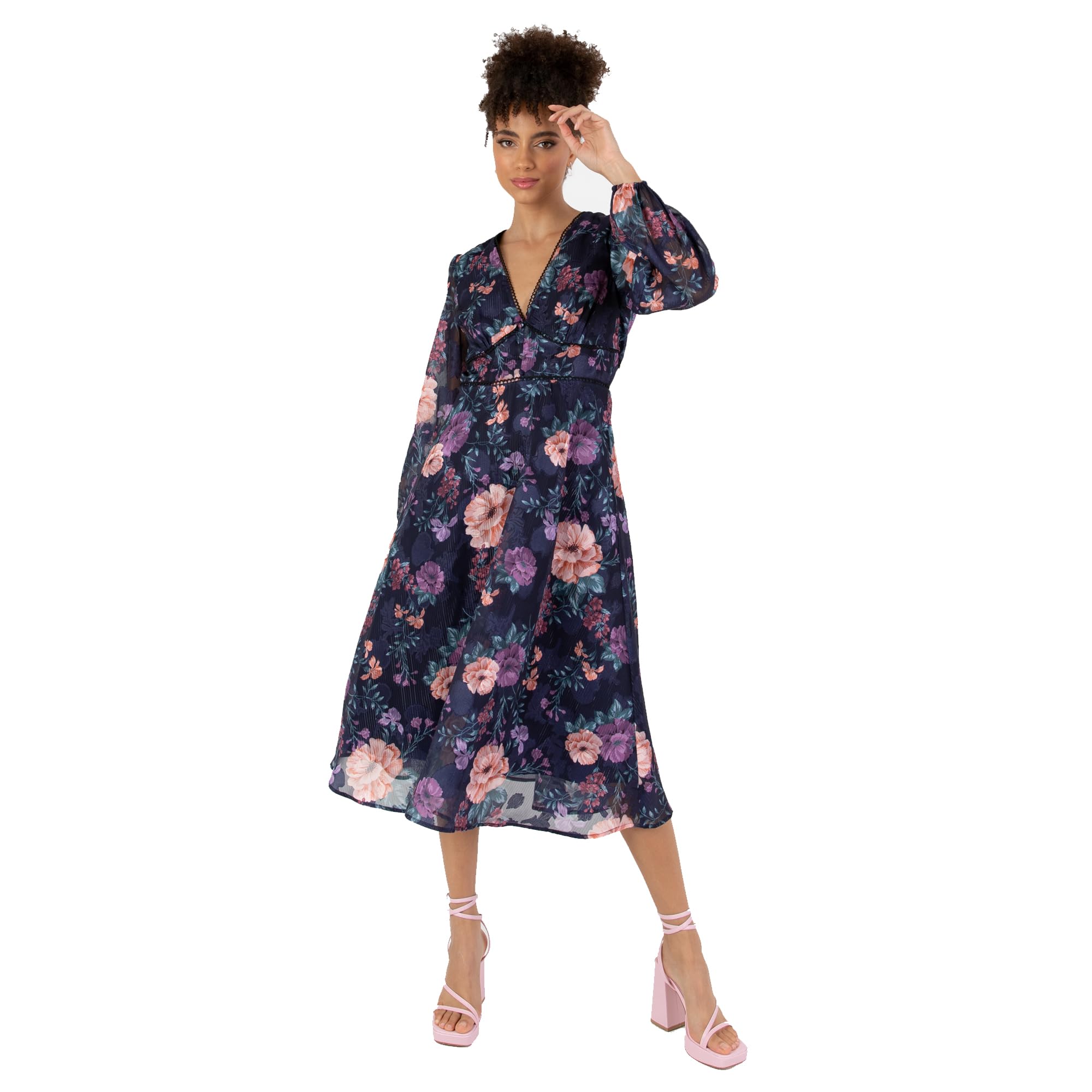 Anaya with Love Women's Midi Ladies Long Sleeves V-Neck Floral Print A-line for Wedding Guest Evening Occasion Party Dress