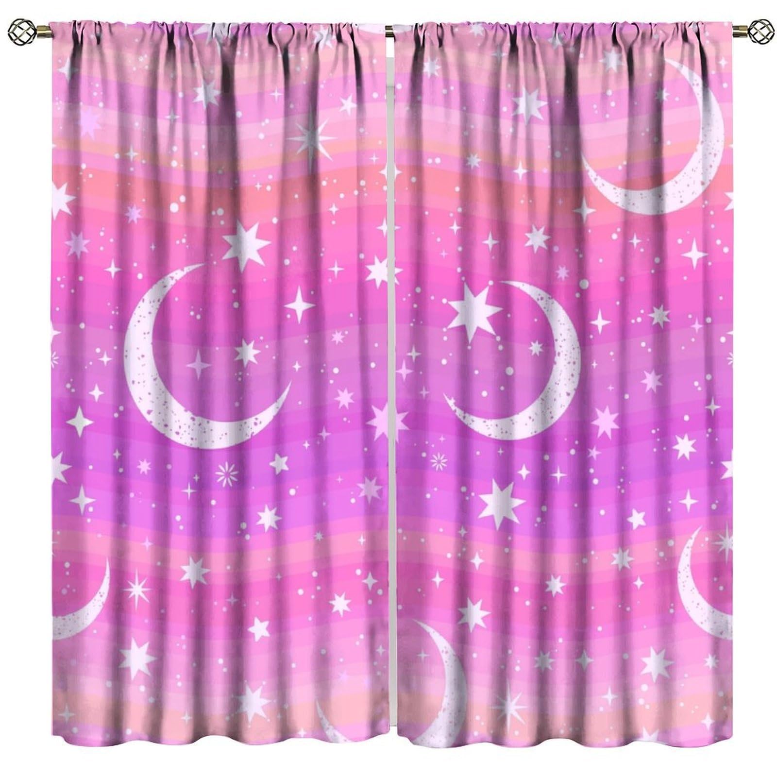 BenYaSong Starry Sky Blackout Window Curtain Stars Crescent Moon on Pink Striped for Home Kitchen Livingroom Coffee Room Window Drapes 2Panel 52" W X 96" L