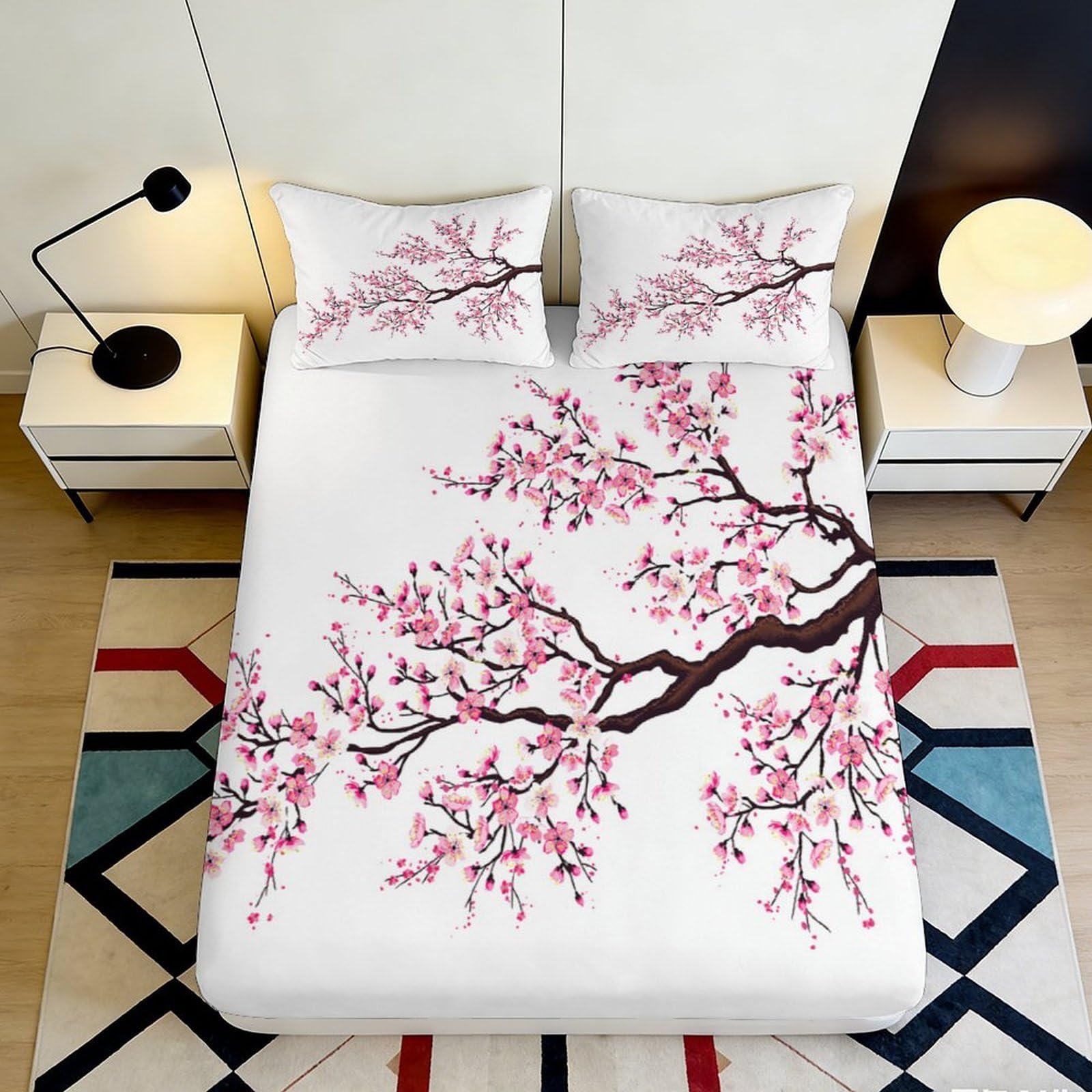 3D Printed Cherry Blossom Fitted Sheet Microfiber Soft Breathable Floral Bed Cover for Bedroom Dormitory Guest Room Mattress Protection Decor 140x200x25cm