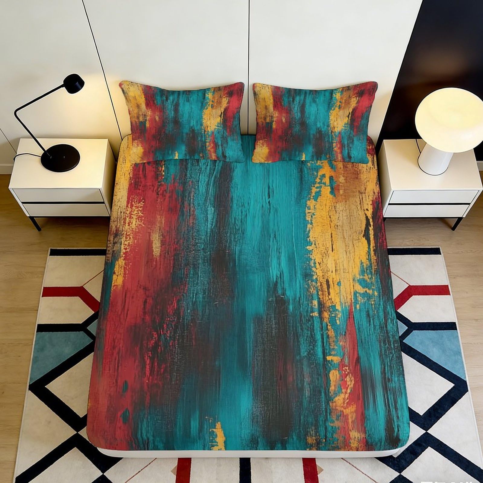 3D Printed Abstract Colorful Fitted Sheet Microfiber Soft Breathable Artistic Mattress Cover for Bedroom Dormitory Guest Room Protection Decoration 200x200x25cm