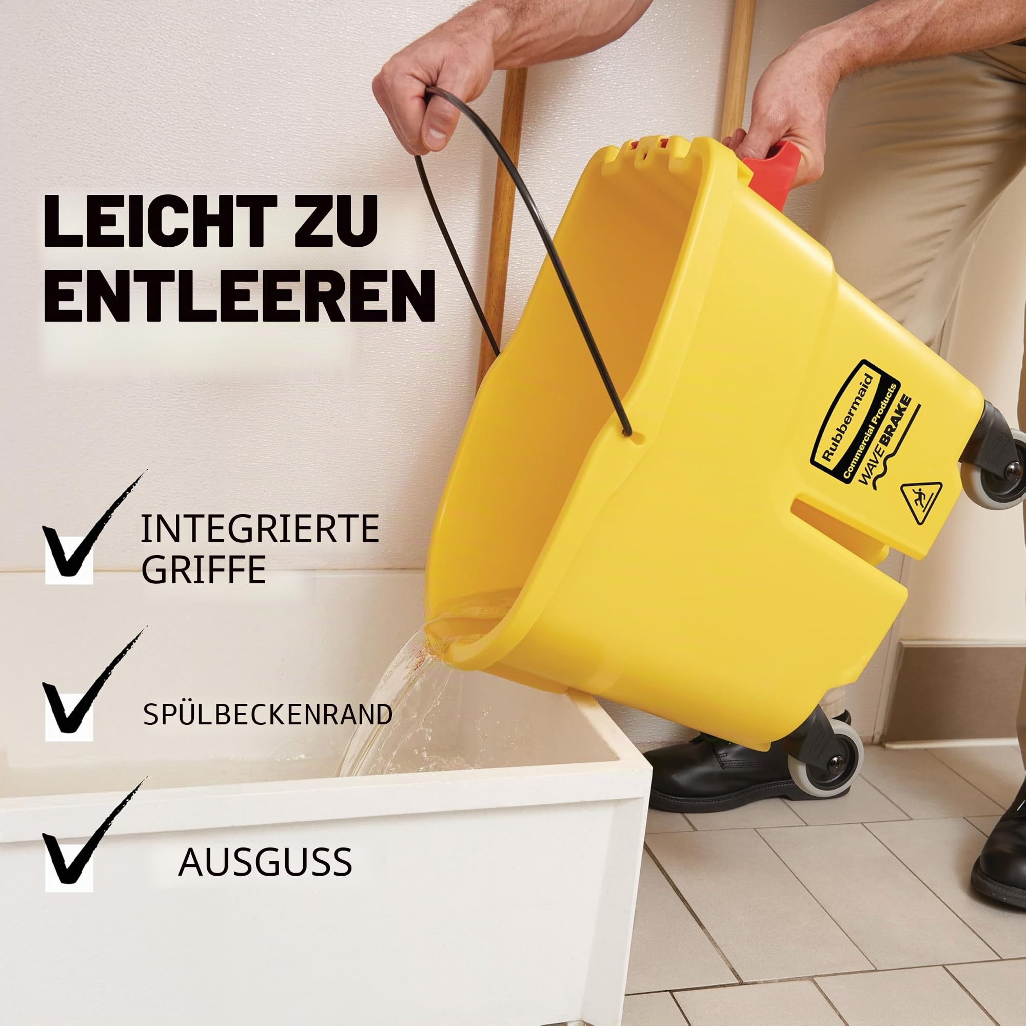 Rubbermaid Commercial Products WaveBrake Wischeimer mit Seitenpresse | Reinigungseimer mit Rollen für professionelle Bodenreinigung | 33 l, Gelb