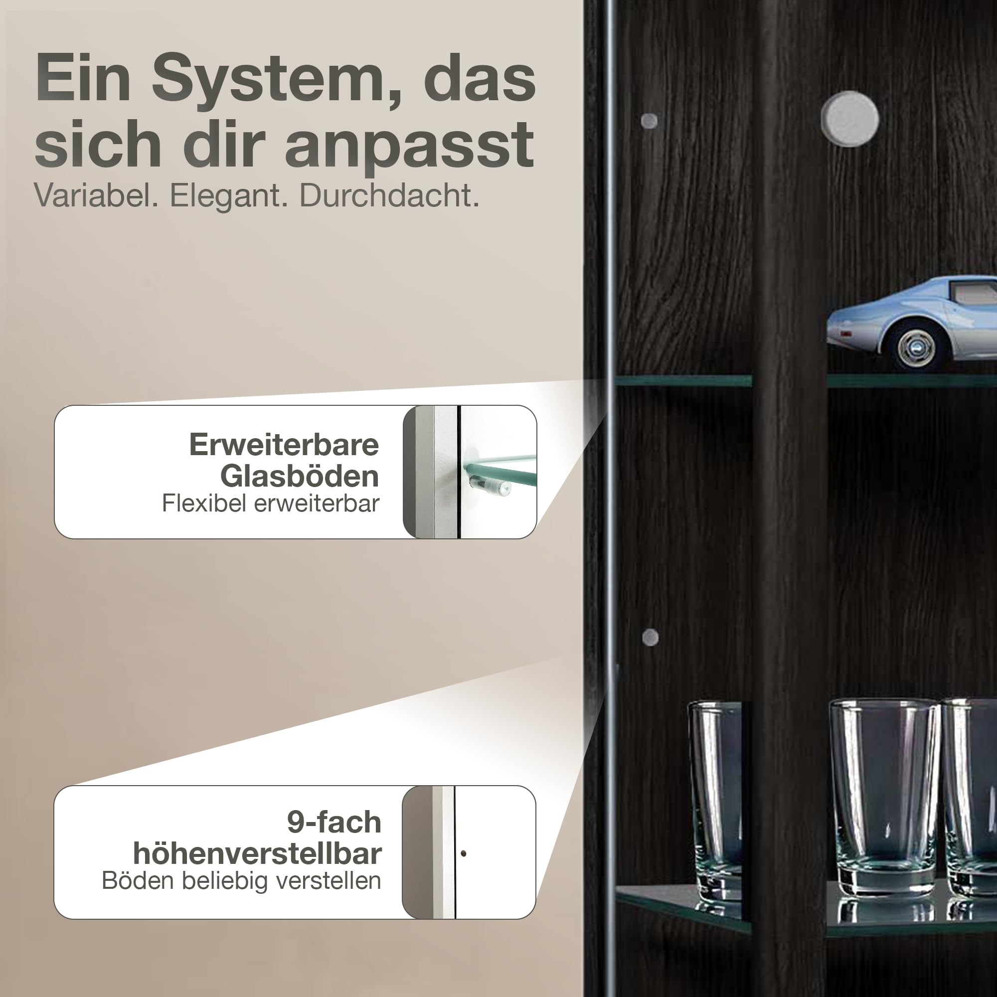 Glasvitrine Stehend (176x37x33cm) - Made in Germany - Vitrinenschrank Schwarz mit 4 höhenverstellbaren Glasböden & LED - Vitrine Glas stehend - Glasschrank - Display Cabinet