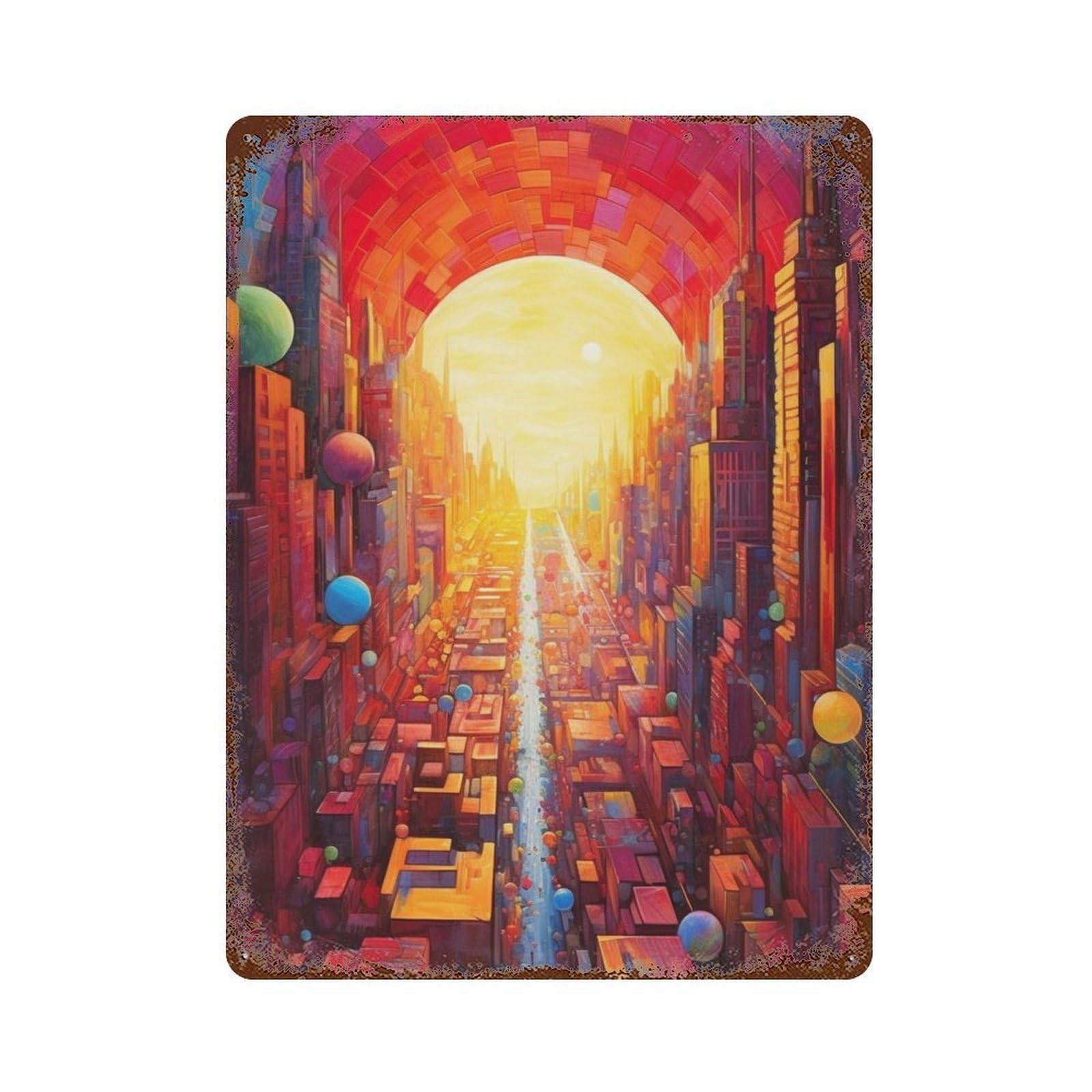 Fantasy Cityscape with Balloons Vintage Rust Metal Sign 15.7"x11.8", Shabby Chic Decor for Living Room, Hallway And Home Decor
