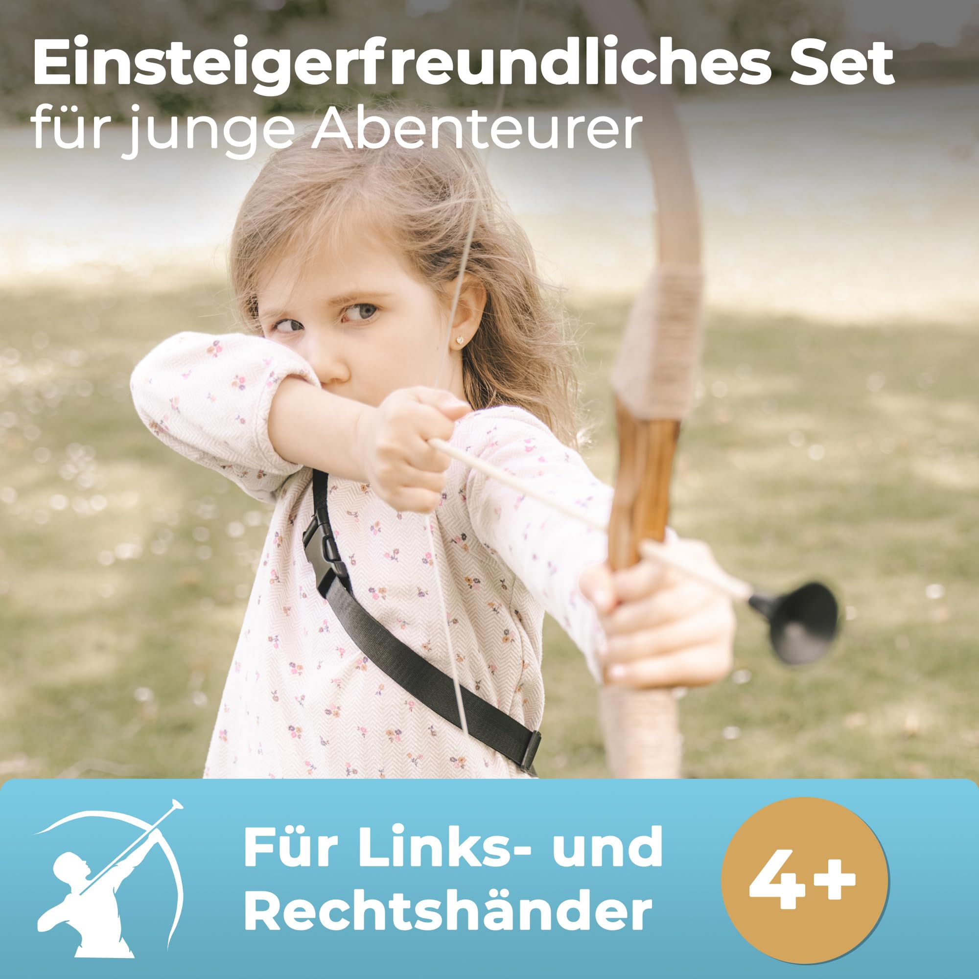 BOWRILLA® Pfeil und Bogen Kinder Set mit 6 Saugnapf-Pfeilen, Zielscheibe aus Holz und Köcher | Bogenschießen Kinder Spielzeug für Indoor- und Outdoor Spiele ab 4 Jahren | Für Rechts- und Linkshänder