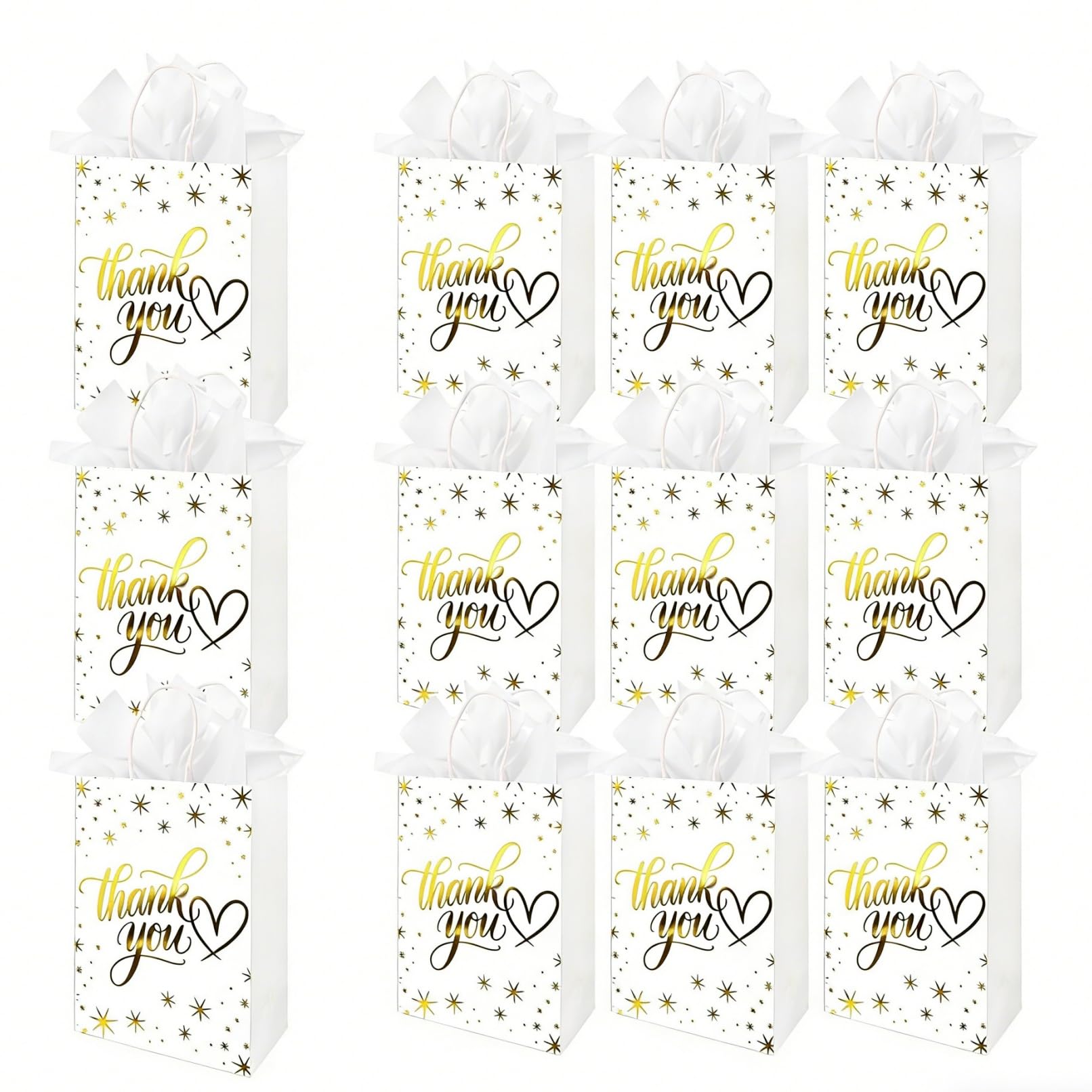 Dmnnlp 12pcs Thank You Gift Bags, Small Gift Bag with Tissue Paper, White Reflective Gold Present Bags with Handles, Party Bag for Wedding Birthday Baby Shower Mother's Day Father's Day, 21x15x8cm