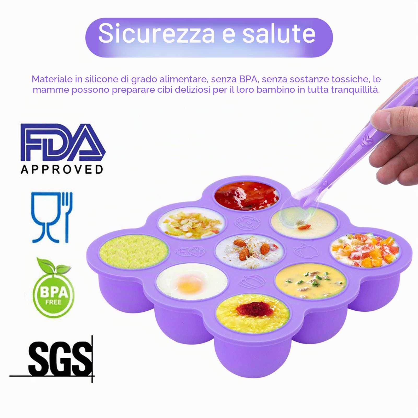Contenitori per Freezer Senza BPA 9 Scomparti 75ml Silicone Coperchio Rimovibile Cucchiaio Lavastoviglie Microonde Viola