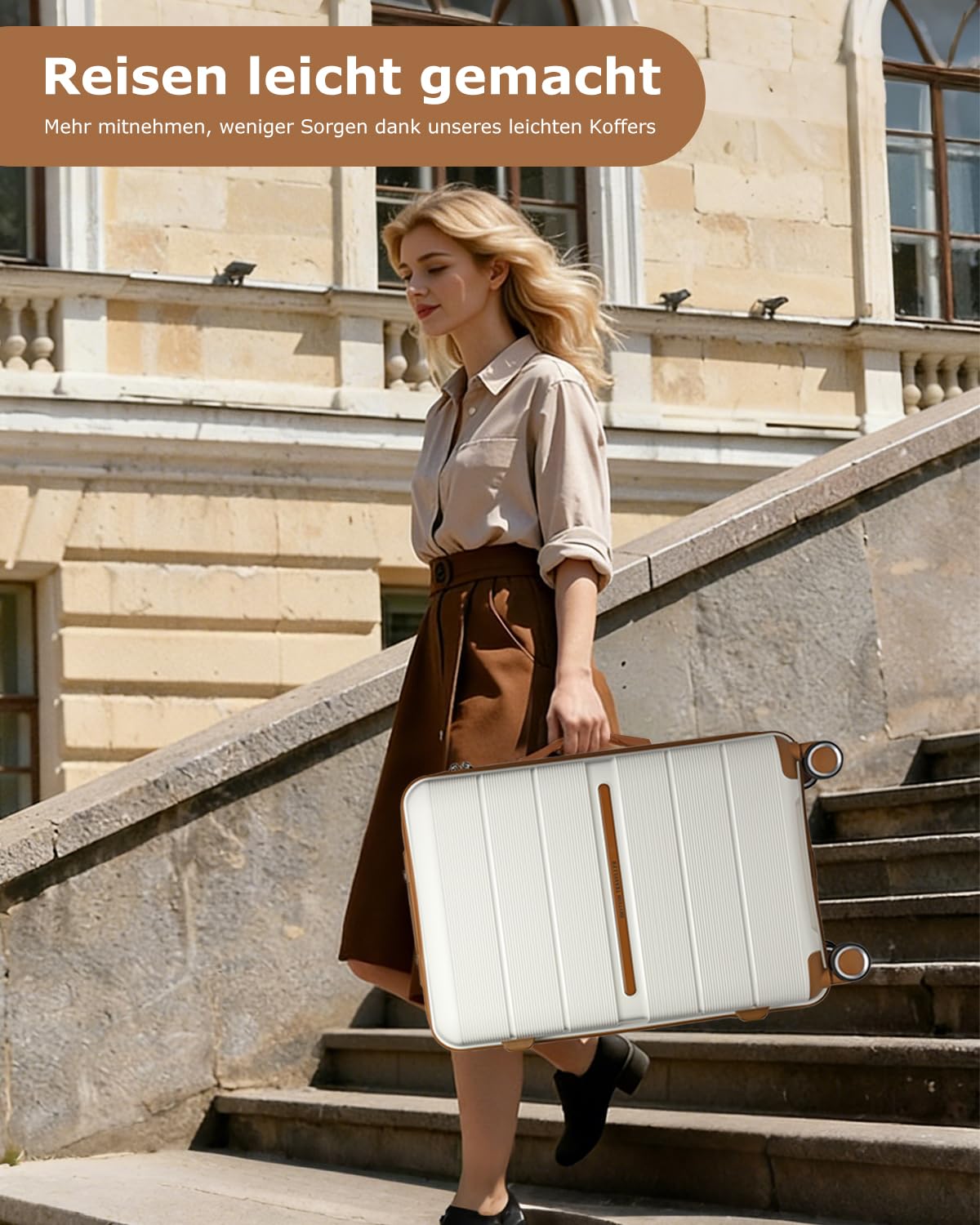 British Traveller Reisekoffer Groß Koffer Trolleys Groß Hartschalenkoffer 100% PP Handgepäck Koffer mit 8 Spinnerräder Rollkoffer 76 * 49.2 * 31cm Suitcase TSA-Schloss Neu Beige