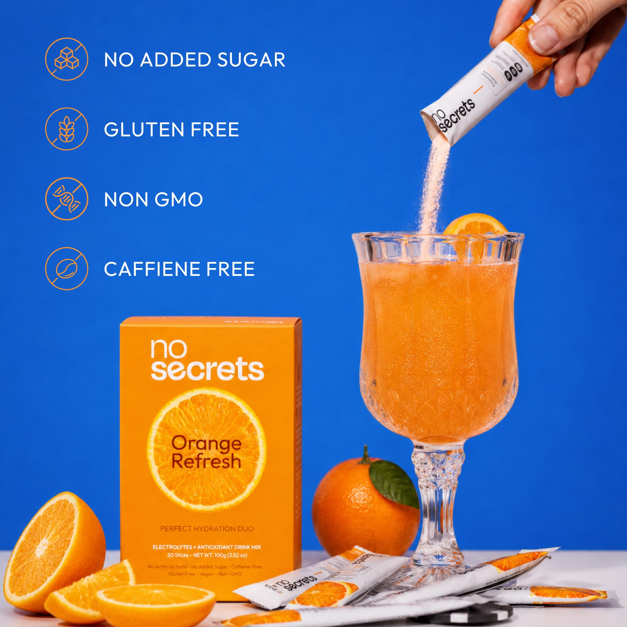 No SECRETS Perfect Hydration Duo – Orange - Pack Of 1 (20 Sticks) | Electrolytes & antioxidants | Instant Hydration & Energy | Fitness, Recovery | Low-calorie | Vegetarian — Amazon image 4