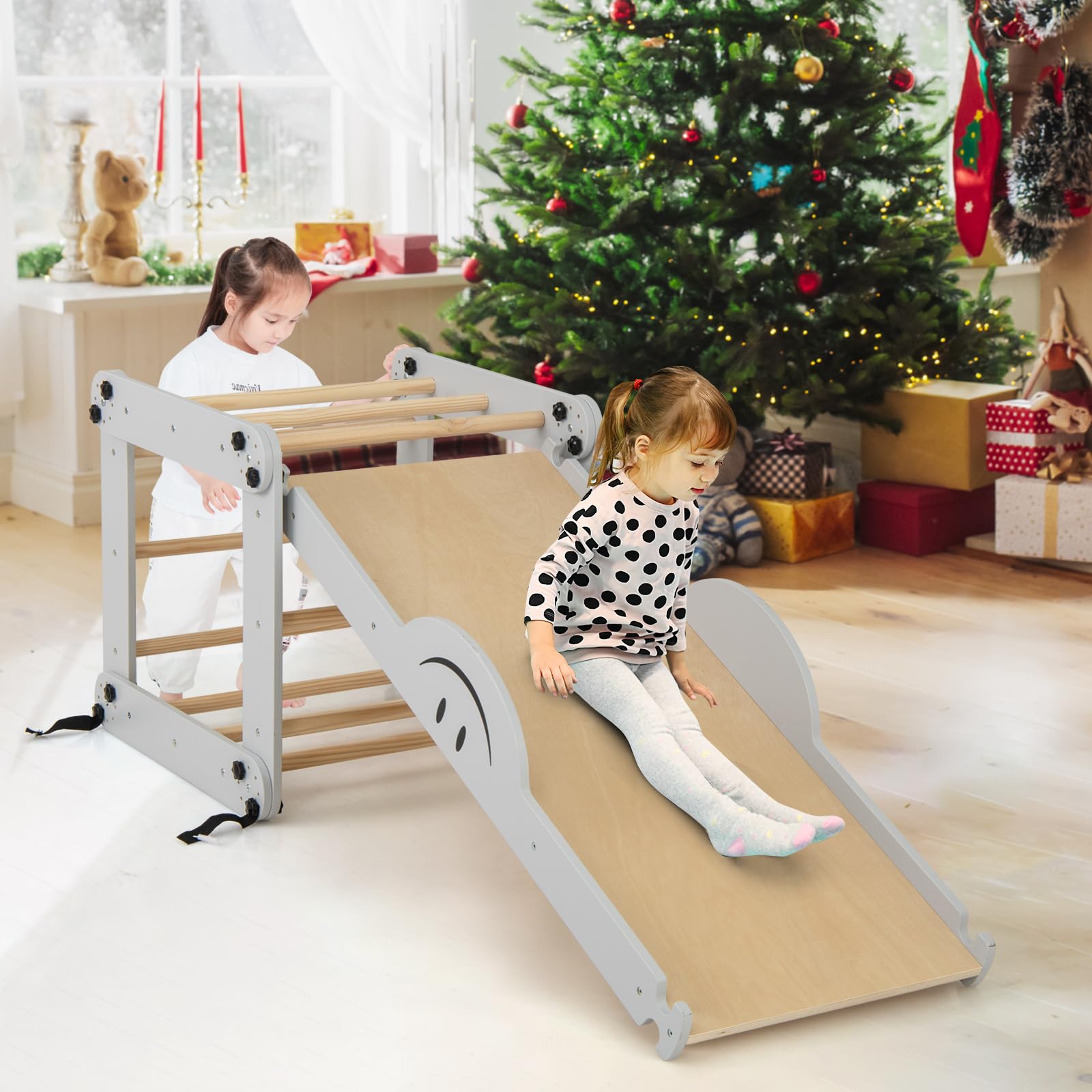 COSTWAY Juego de Escalada Montessori, Escalador de Madera Plegable con Rampa Ajustable y Reversible, Rocas de Escalada Coloridas y Balancín, Gimnasio de Escalada Interior para Niños (Gris)