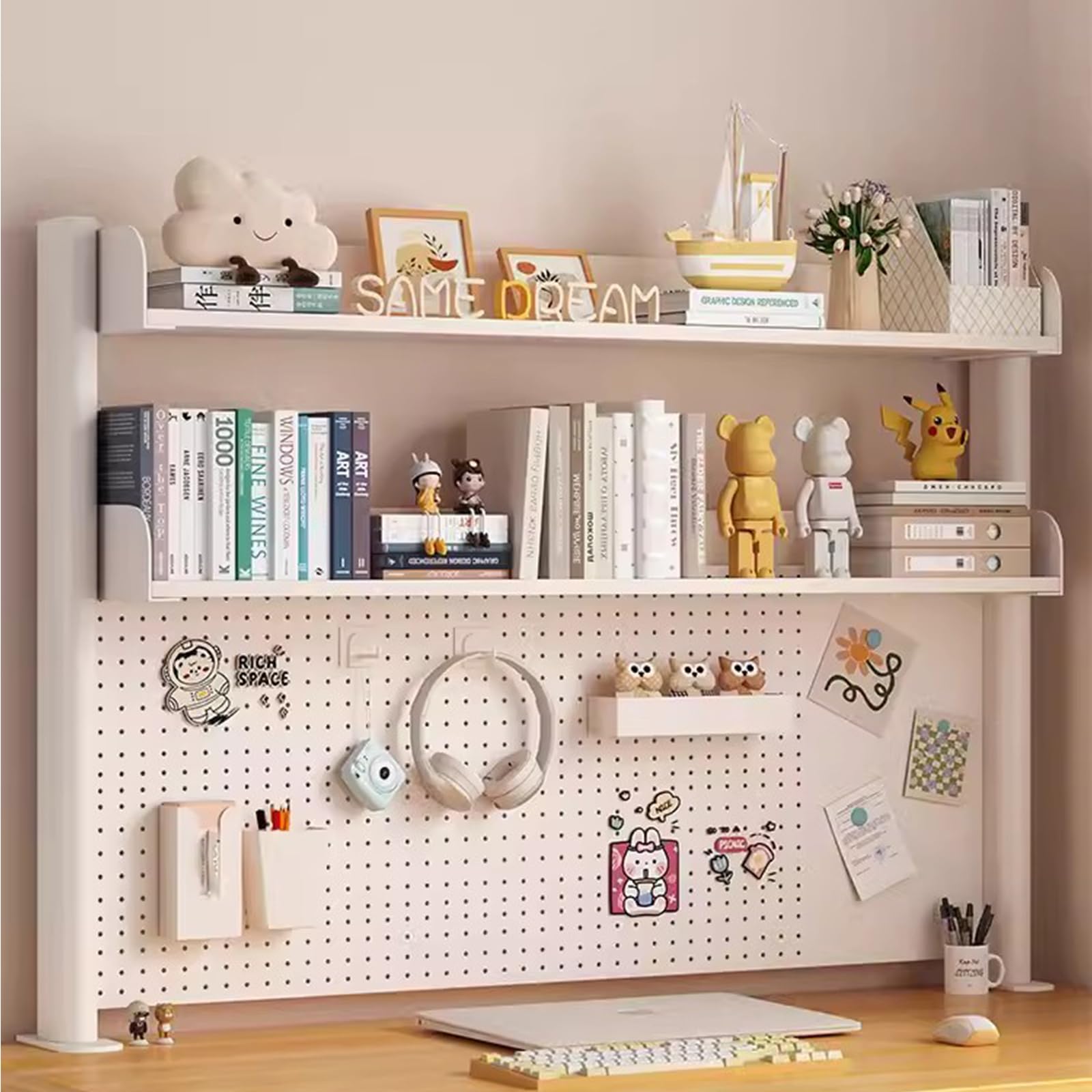 FPIGSHS Klemmbare Schreibtisch-stecktafel-Regal, 2-Ebenen Büro-Computertisch Zubehör Organizer für Büro, Gaming, Zuhause, modular aufhängbar, Klemmregal mit 20 Zubehörteilen， Schwarz (Weiß, 60cm)