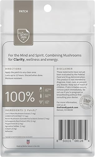 Miniatura 2 de The Friendly Patch - Parches de hongo Clarity con hongo melena de león, Reishi, Cordyceps y Ashwagandha, energía nootrópica, memoria, enfoque para
