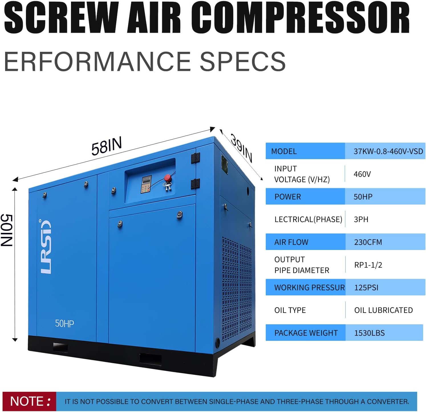 Rotary Screw Air Compressor 460V/3Ph 37KW/50HP 125PSI 230CFM Variable Speed Frequency Screw Air Compressor for Small Machining and Fabrication Workshops, Automotive Industry TK37-8