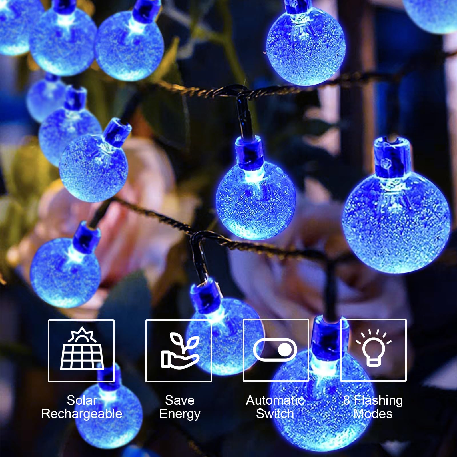 LQWELL® Catena di luci solari per esterni, giardino, luce a energia solare, sfere di cristallo, 30 LED, 8 m, IP44, 8 modalità, per esterni, giardino, terrazza (8M 30LED Blu)