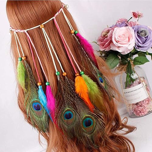 Miniatura 6 de Hippie Peacock Feather Headpiece Headwear Indian Feather Borla Diadema Bohemia Hairband para mujeres Festival Tocado Estilo B