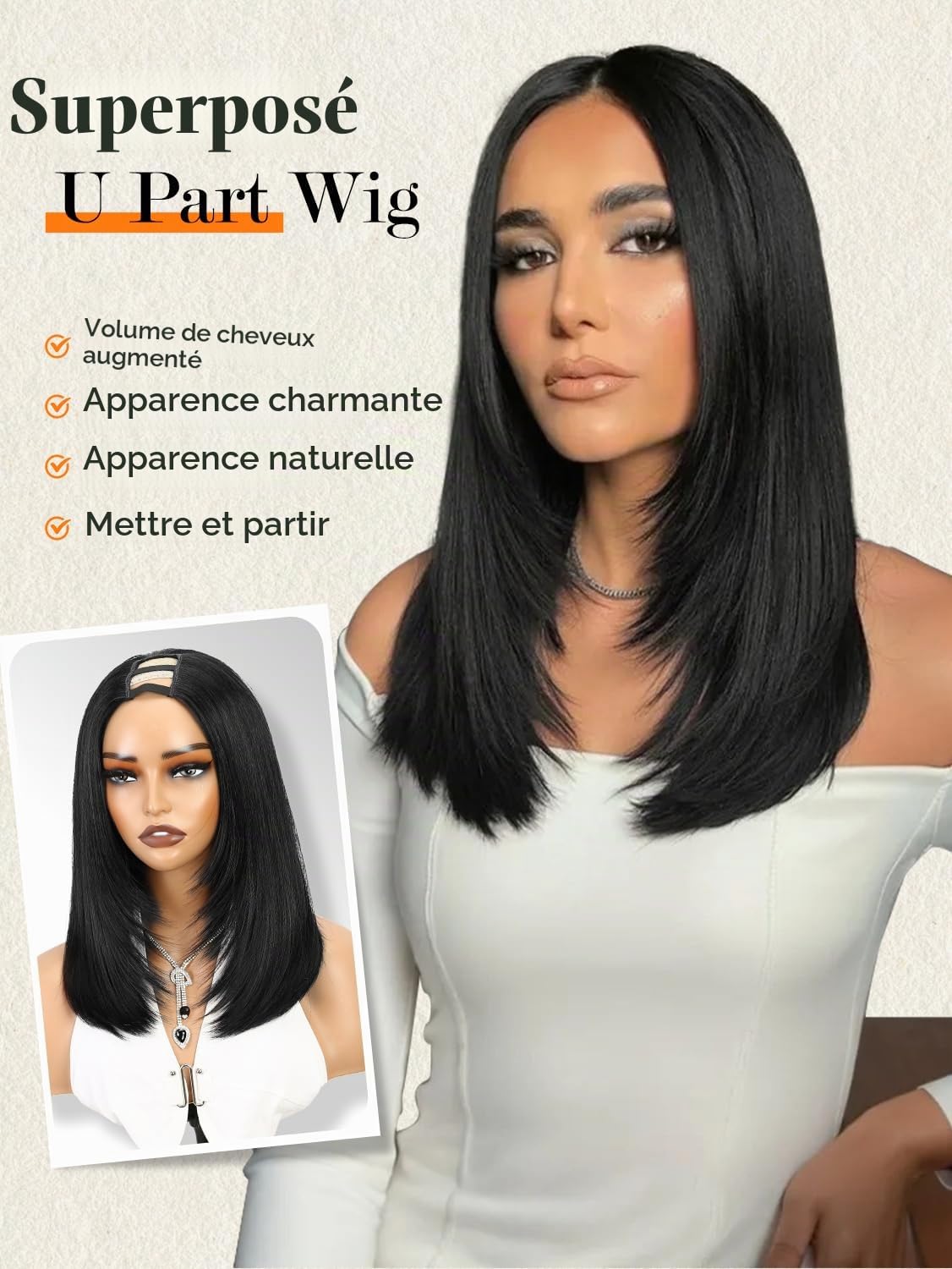 WIGNEE Perruque Bob Courte Noire U-Part Lisse Bob Dégradé 14 Pouces (Noir) | Perruque U Part, Demi-Perruque Synthétique à Clips, Yaki Perruque, Glueless, Aspect Naturel Pour Un Usage Quotidien
