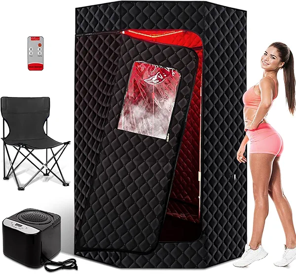 PEEKO Red Light Sauna Box for Relaxation,Detoxification,Portable Steam Sauna for Home with XL Steamer,16 Levels, 71”x 35”x35”,Larger Folding Chair, Gym-Black,