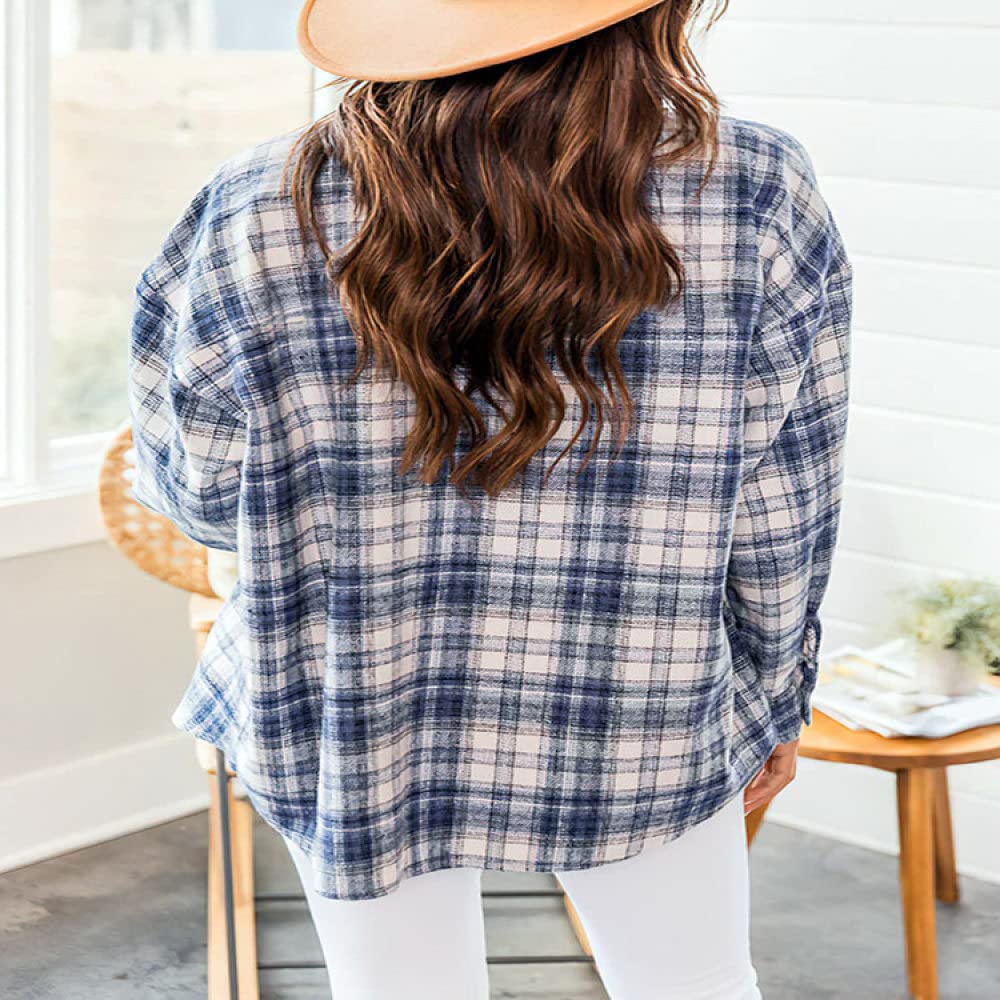 Bluse Damen,Damen Classic Fit Langarm Flanellhemd Dunkelblau Lässiges Kariertes Hemd Herbst Winter Lose Warmer Mantel Zarte Knopf Revers Top Damen Langarmhemd
