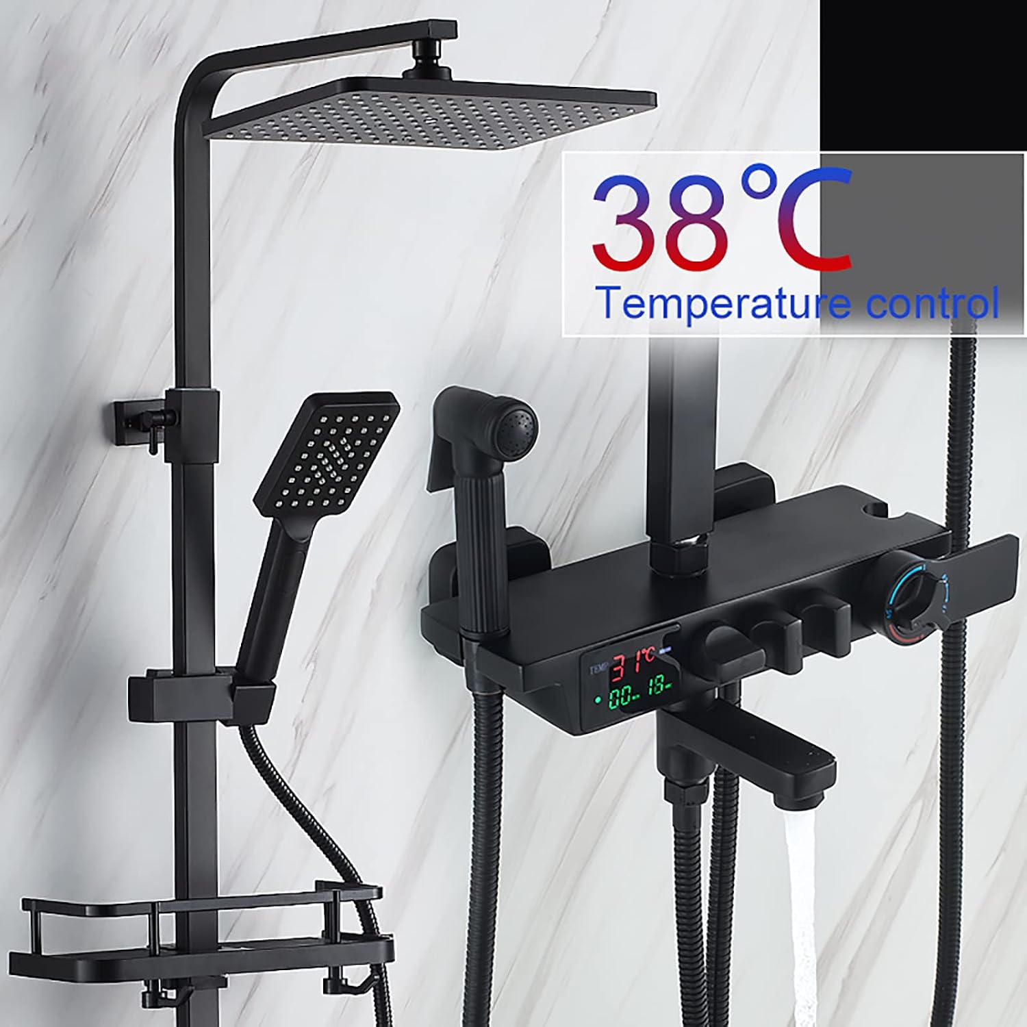 Black Thermostatic Shower System with Head, LED Digital Display Combo Set Wall Mount Faucet with 3 Mode Handheld, Bidet Sprayer, Rotatable Tub Spout image 2