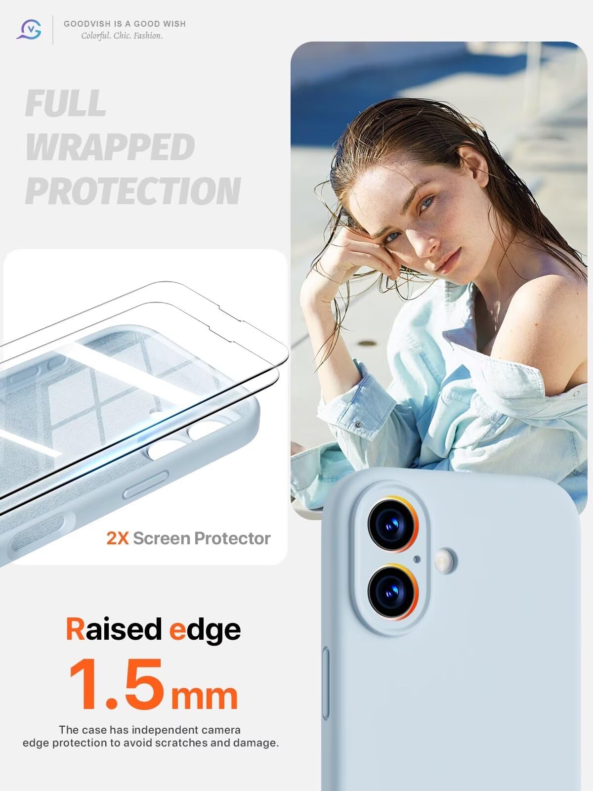 GOODVISH 3 in 1 Silicone Cover per iPhone 16 6.1", Custodia con 2 Pellicola Vetro Temperato [Protezione Fotocamera] 360° Protezione Anticaduta Case per Cellulare Antiurto Resistente, Cielo Blu