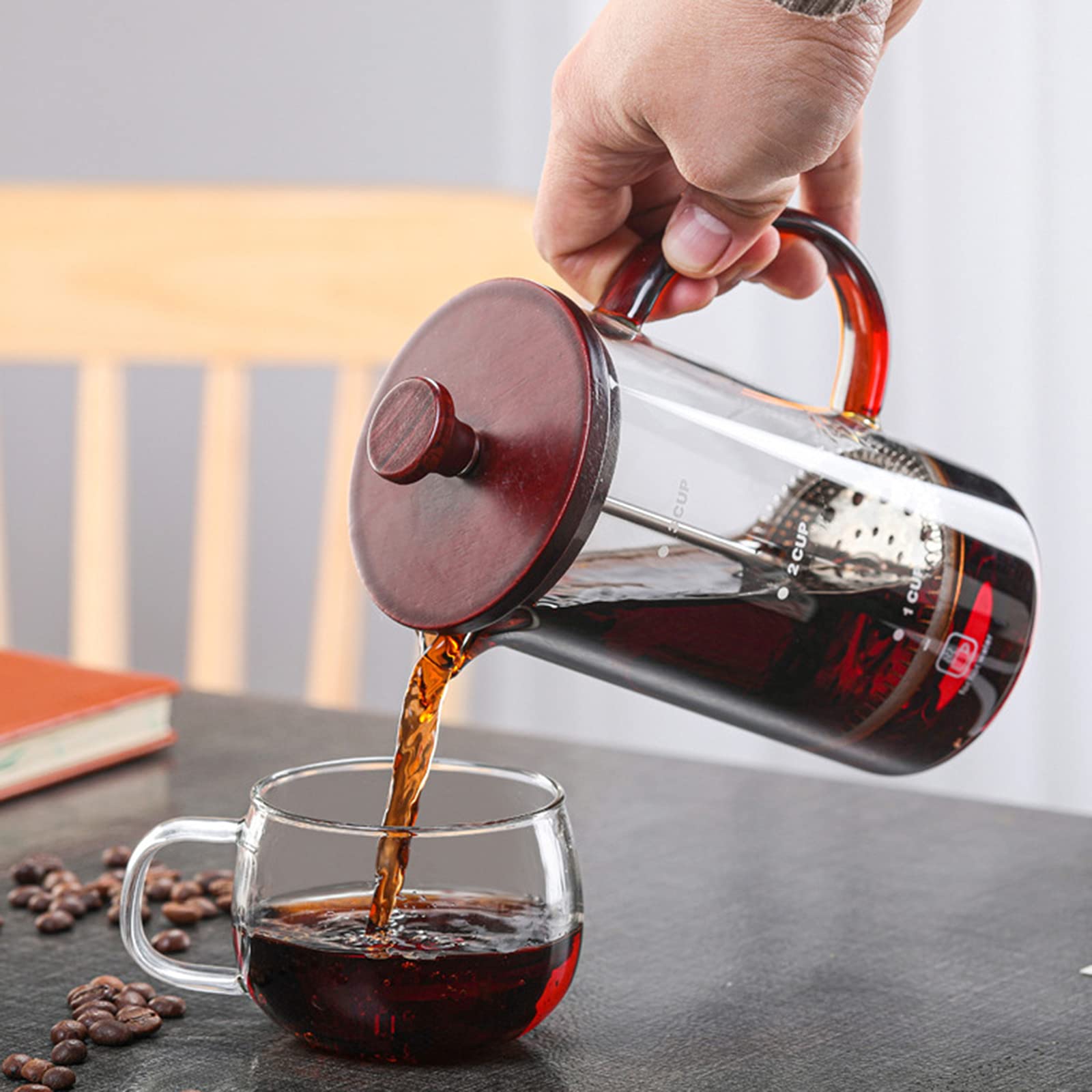 Zaparzacz do kawy French Press - Praska do kawy - Szklany zaparzacz do kawy Cold Brew - 3-warstwowy system filtracji dla dobrej kawy w domu i biurze, mahoń, 800 ml