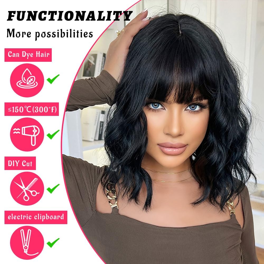 Breathable Black Bob Wigs Human Hair Wavy with Bangs Heat Resistant Shoulder Length for Women Natural Look Daily Party (Natural Black)