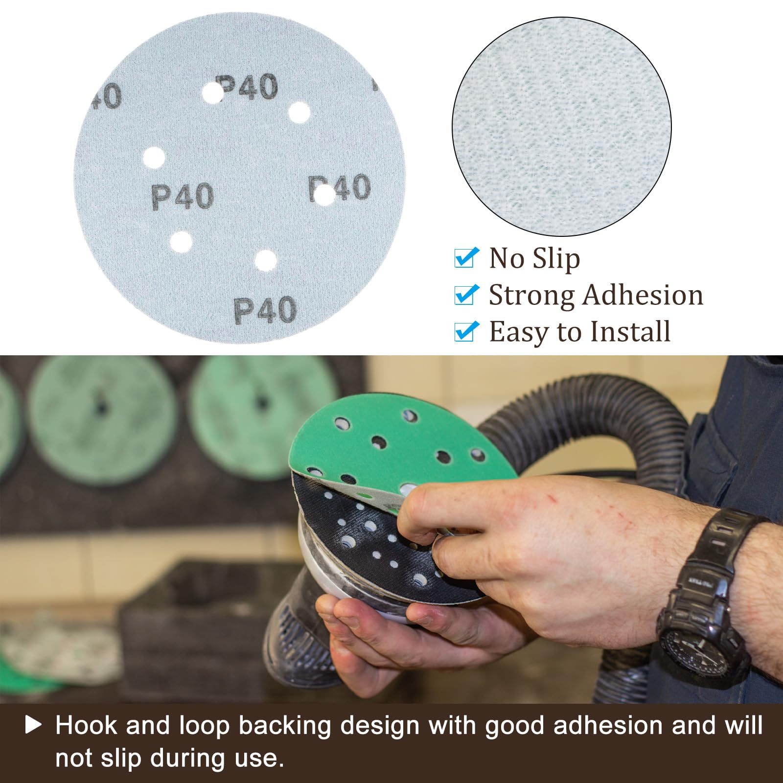 50 Pcs 6 Inch Sanding Discs - 40 Grit Aluminum Oxide Hook & Loop Pads For Wood & Metal