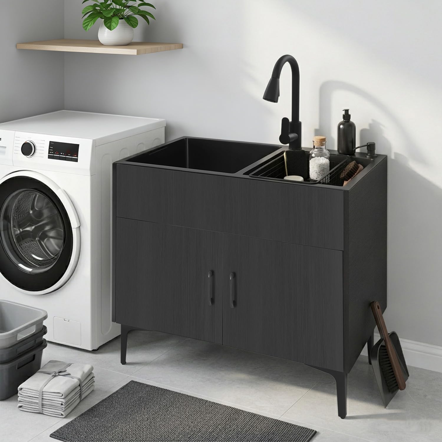 Freestanding Kitchen Sink with Cabinet & Pull-Out Faucet, 31.9" Stainless Steel Double Bowl Utility Sink Set for Laundry Room Garage, Includes Soap Dispenser, Draining Basket, Sound Insulation Pad