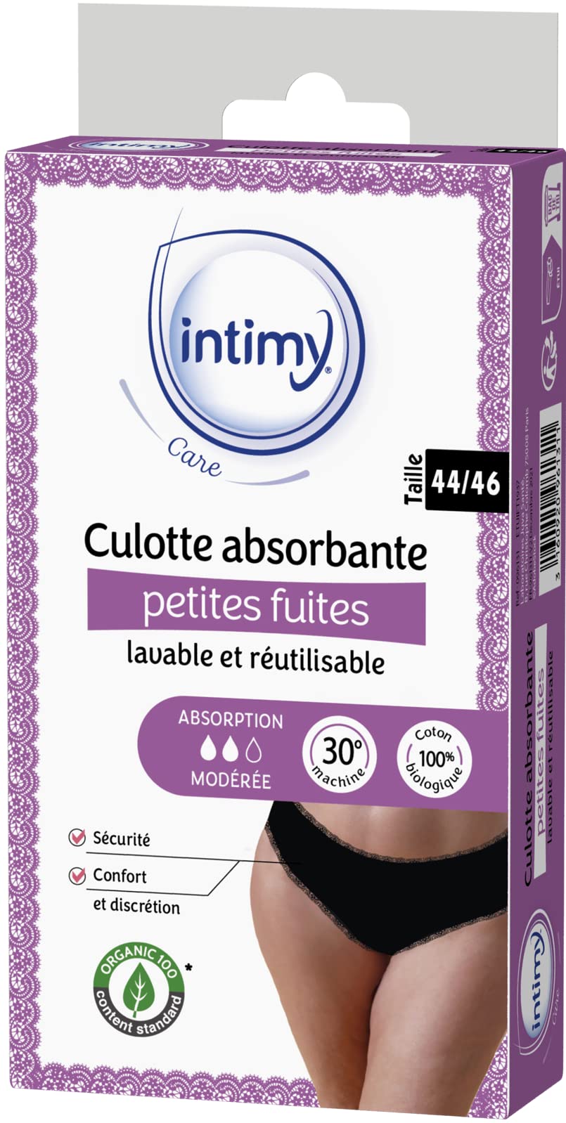 INTIMYCARE - Small Leakage Lace Panties - Moderate Absorption - 95% Organic Cotton - Washable & Reusable - Size 16/18 Black