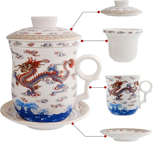 Taza de té de porcelana con tapa de infusor y juegos de platillos – Taza de café de cerámica china Jingdezhen Taza de té de hoja suelta Sistema de