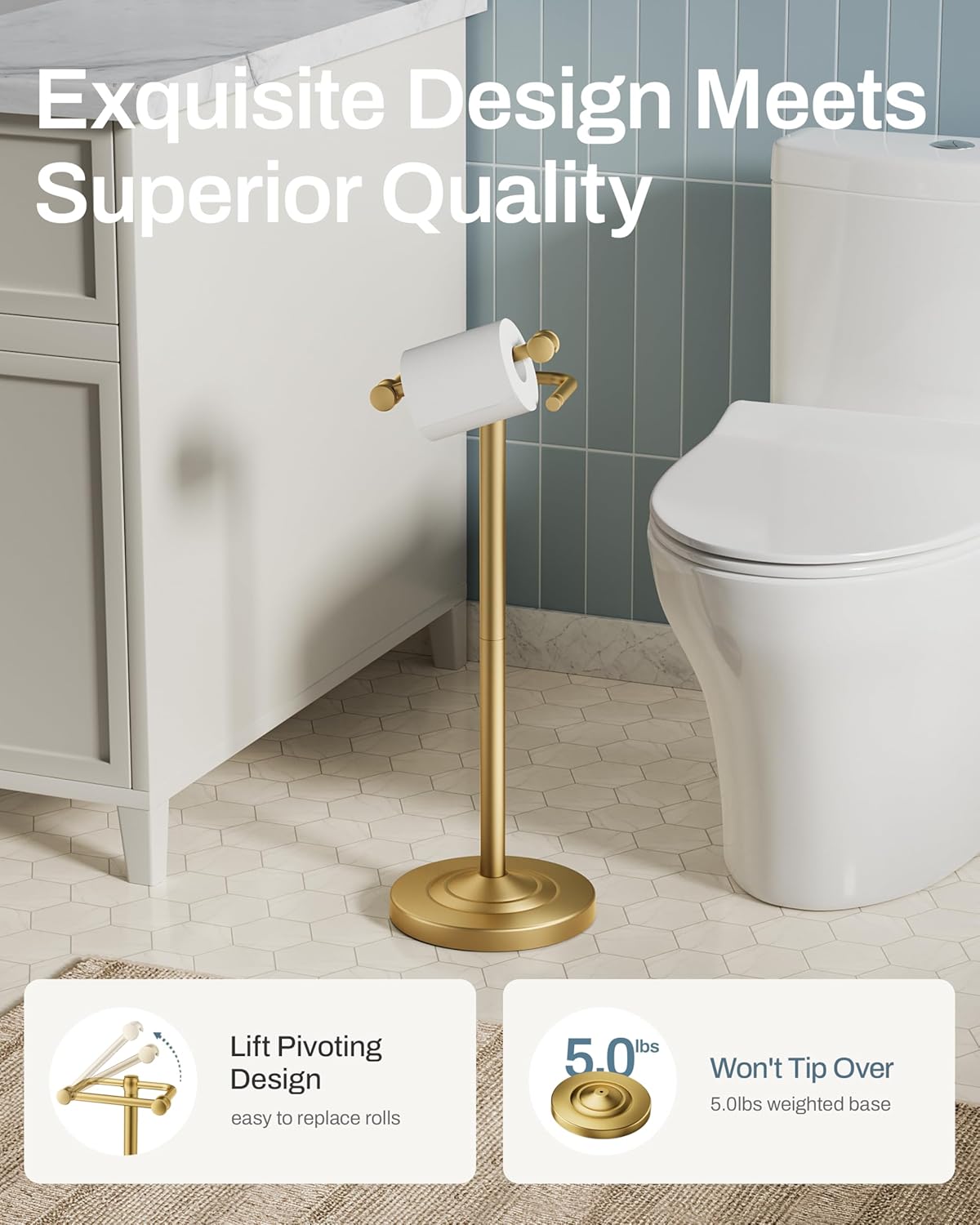 freestanding toilet paper holder stand, 4.57 lb weighted base toilet paper stand with pivoting arm, 304 stainless steel floor toilet roll holder no drilling, 22 inch, textured gold