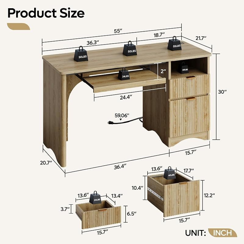 Bestier Computer Desk with Drawer, 55 inch Office Desk with Power Outlet, Modern Home Office Desk with Keyboard Tray (Natual Oak, 55" W with Single-Sided Drawers) image 2