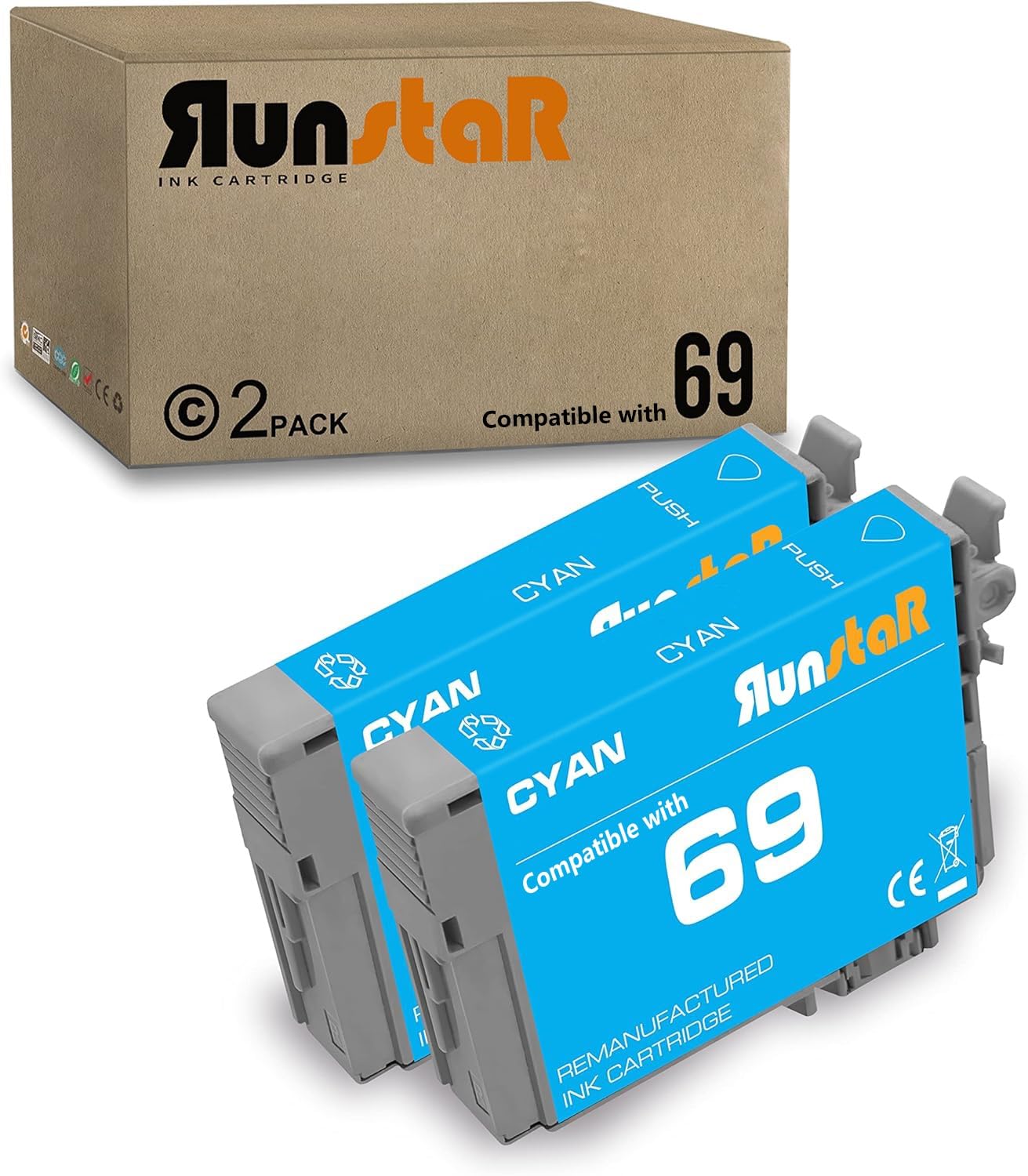Run Star 2 Pack Remanufactured for 69 T069 Cyan Ink Cartridge for Epson 69 T069 use for Epson Stylus C120 CX5000 CX6000 CX8400 CX9400 NX110 NX300 NX400 NX415 Workforce 30 610 Printer (2 Cyan)
