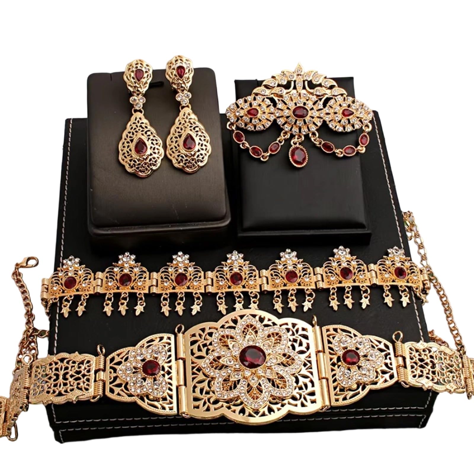 Conjunto de joyería nupcial marroquí Color chapado en oro para vestido de novia que incluye aretes con broche de cinturón en estilos árabes Conjunto de joyería de boda