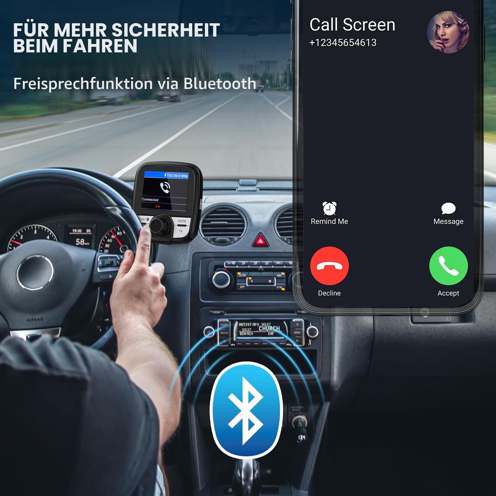 Tin-Nik DAB-388 DAB Adapter für Autoradio, FM-Transmitter für DAB+ Sender und Bluetooth-Verbindung vom Smartphone zum UKW-Radio, Bluetooth- Freisprechen und Musik, 2.4" TFT Farbdisplay, Fernbedienung