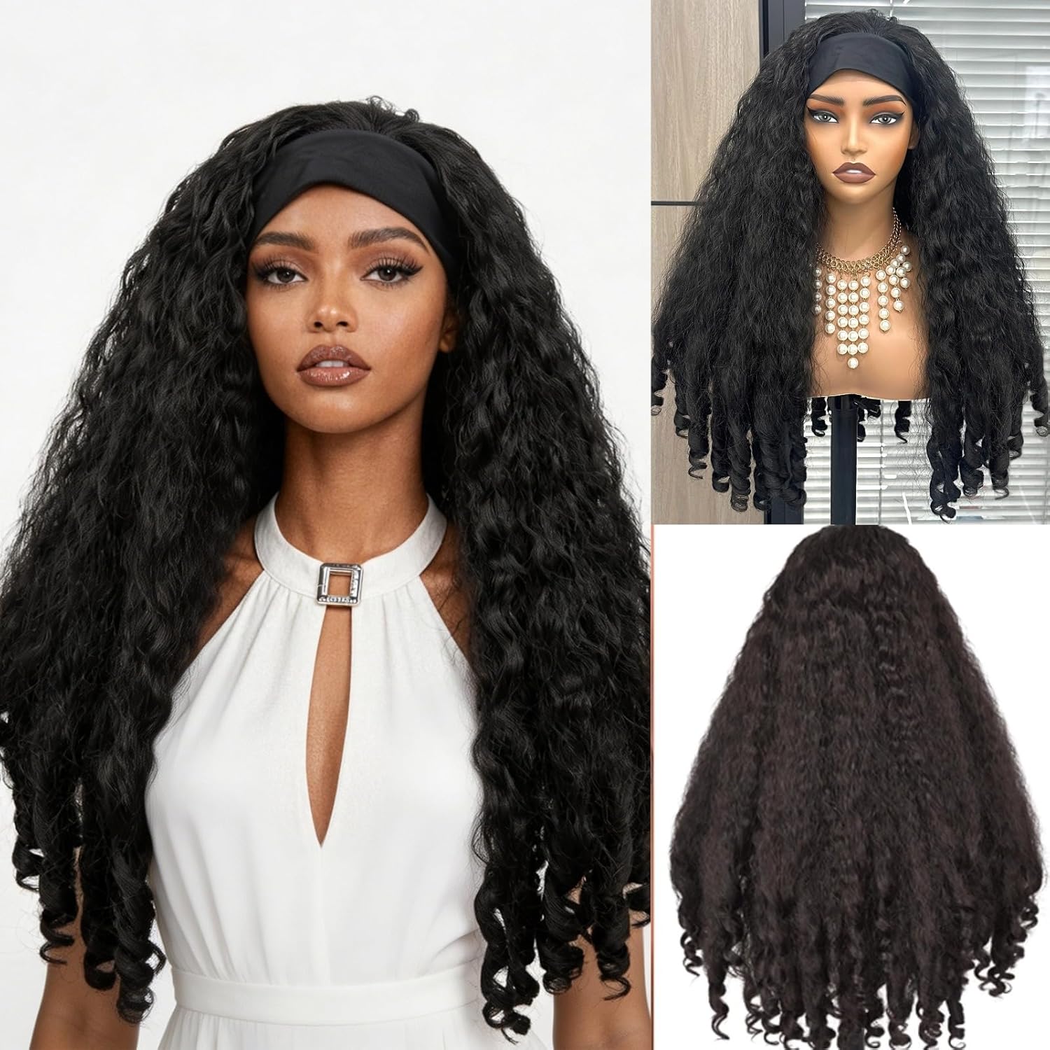 Afro Curly Headband Wig Half Wig Kinky Curly Wigs for Black Women, 180% Density Wear and Go Glueless Wig with Unique Bouncy Curls in the End, Synthetic Hair Headband Wigs(#1B Headband, 22 Inch)