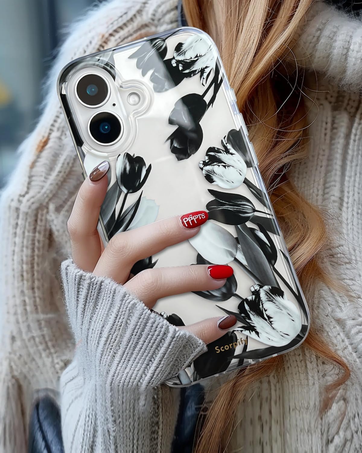 SCORPIFY for iPhone 16 Case with Black Tulip Floral Design, Cute Clear Flower Phone Cover for Women Girls, [10FT MIL-Grade Drop Protection] [Non Yellowing] Slim Shockproof Bumper