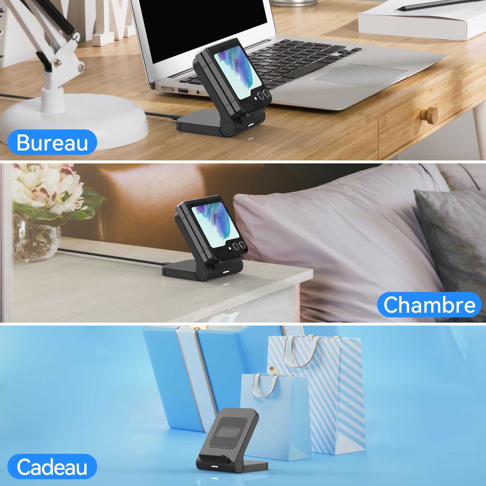 Geyo Chargeur Induction pour Samsung Galaxy Z Flip, 15W Rapide Chargeur sans Fil pour Samsung Galaxy Z Flip 6/Z Flip 5/Z Flip 4/Z Flip 3 (Non Pliable) avec Adaptateur