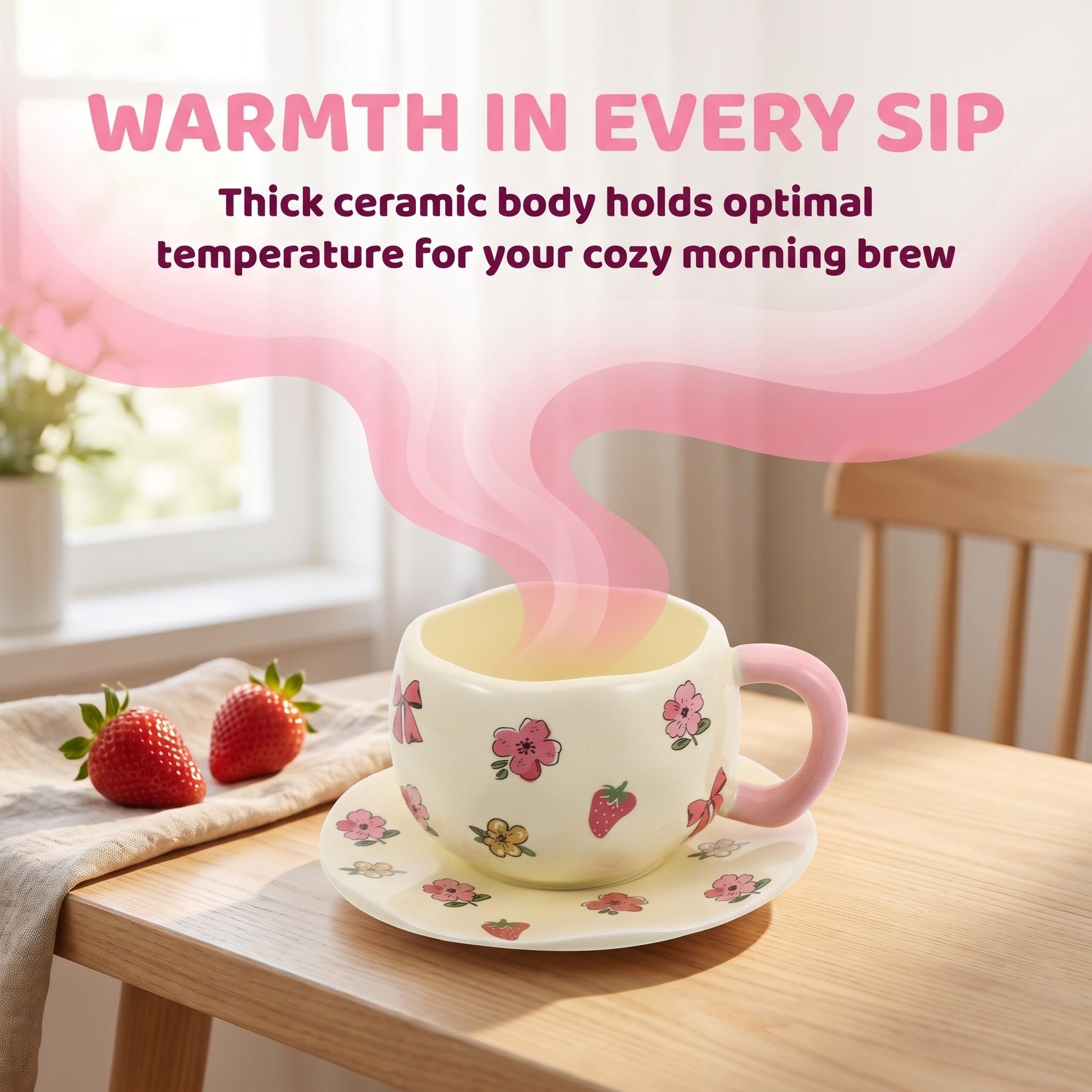 Tasses à thé en céramique, Tasse à thé avec soucoupe et nœud rose, tasse latte 330 ml/11 oz