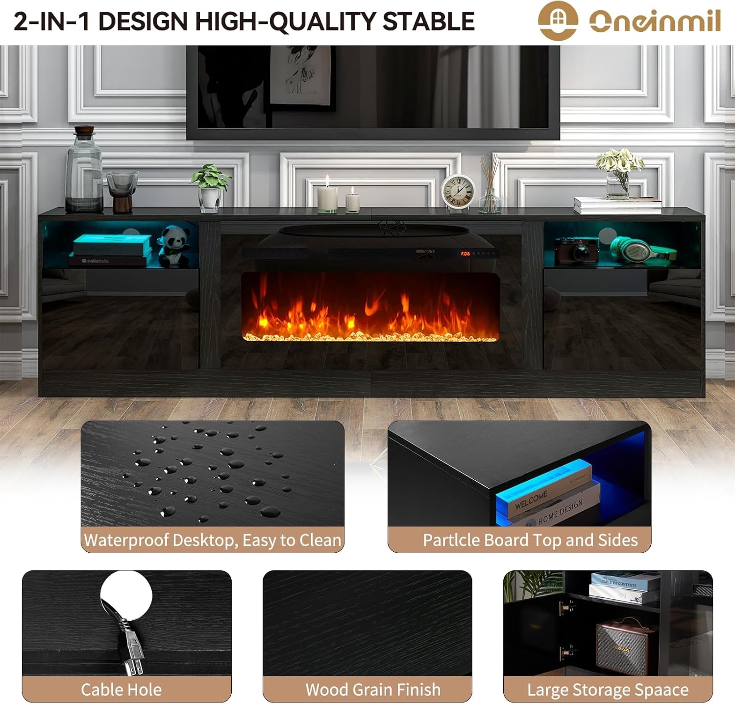 oneinmil 80” TV Stand with 36” Electric Fireplace, Large Modern Media Entertainment Center with Storage Cabinet and 12 Colors LED Lights for TVs Up to 90", Black+Black 80" Black & Black