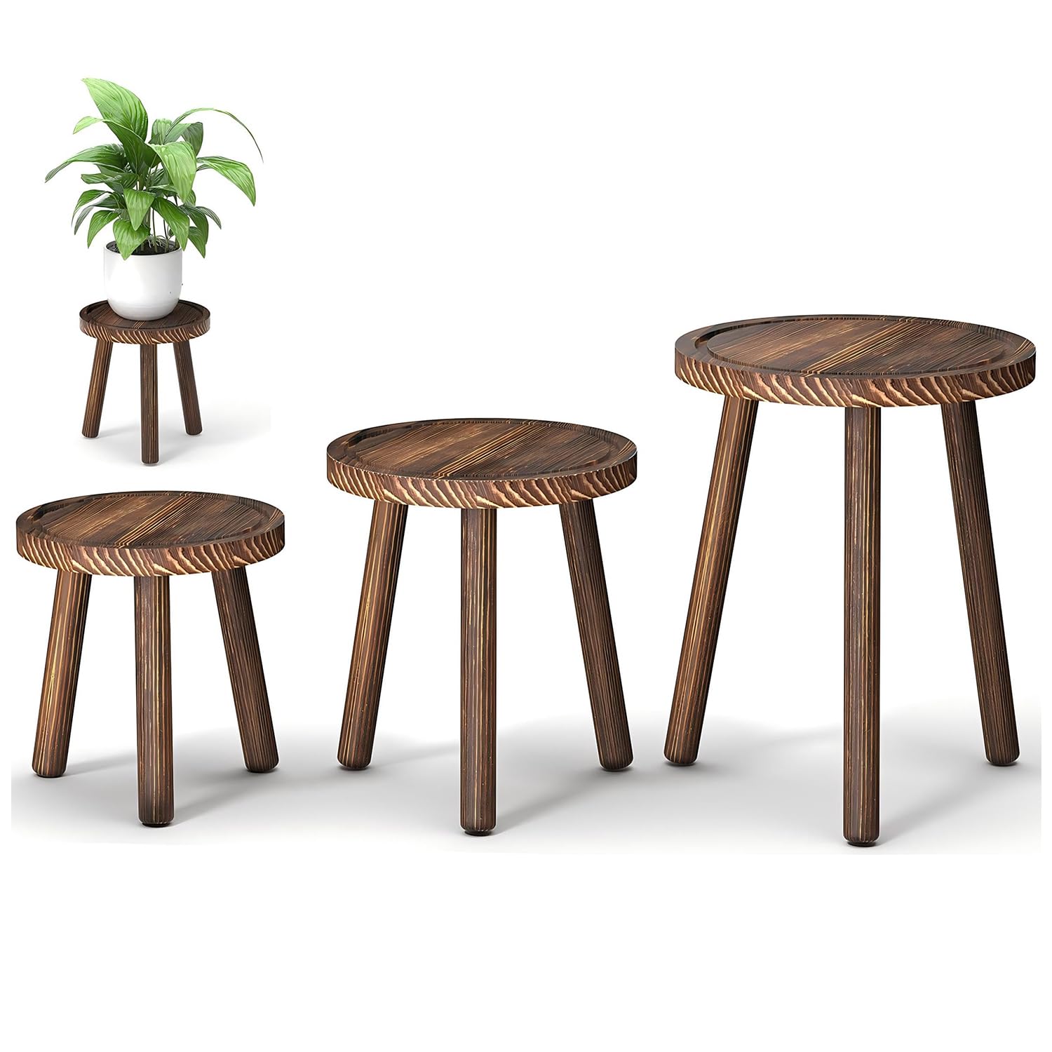 FUSHITON Support Plantes Moderne pour Grandes Plantes, Lot de 3 en Brun Foncé avec Base Triangulaire Stable, Décoration Maison