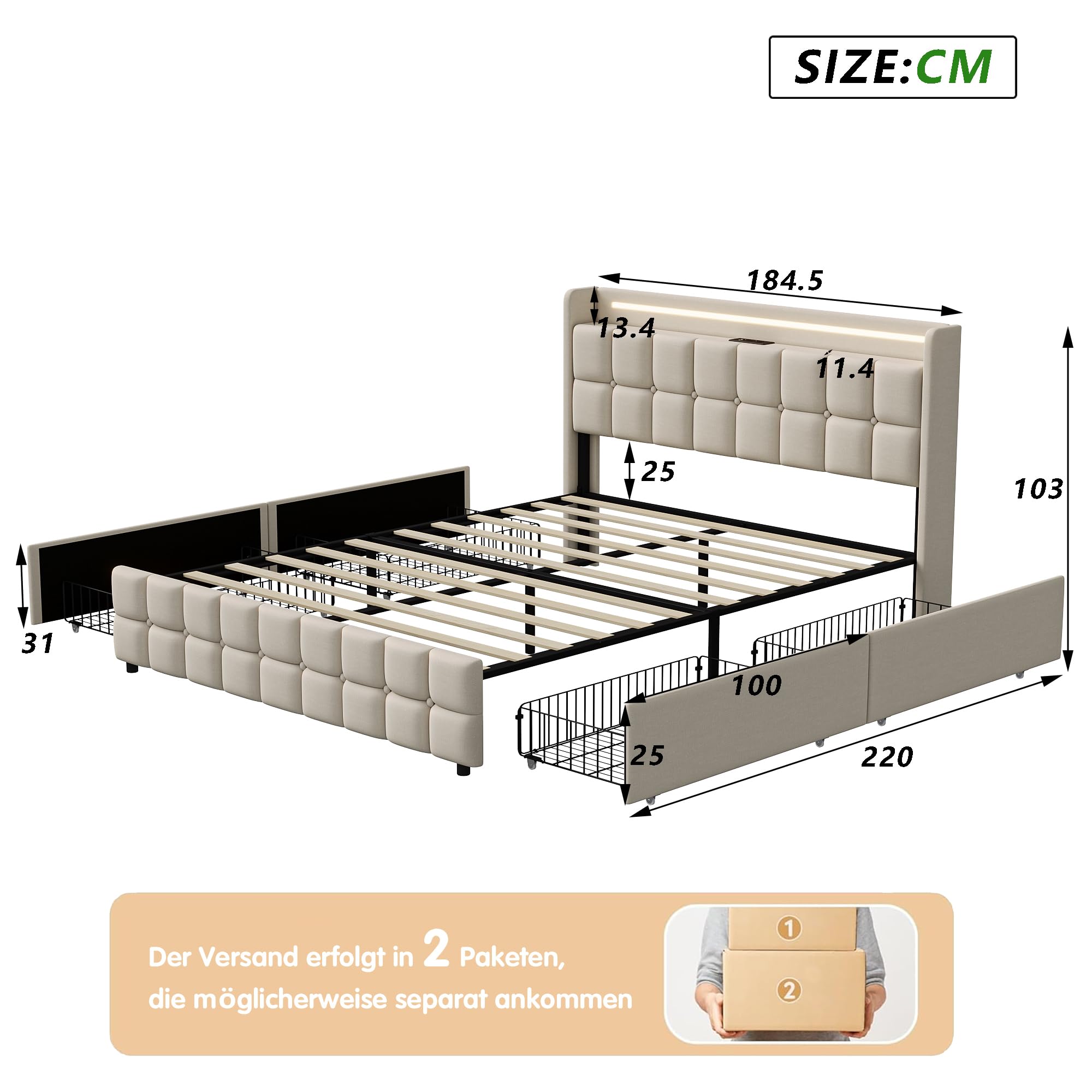 Polsterbett 180x200 mit LED, Doppelbett mit 4 Schubladen Stauraum und Kopfteil, Stauraumbett Jugendbett mit USB & Type-C, Bettgestell mit Lattenrost,Leinen in Beige, Ohne Matratze