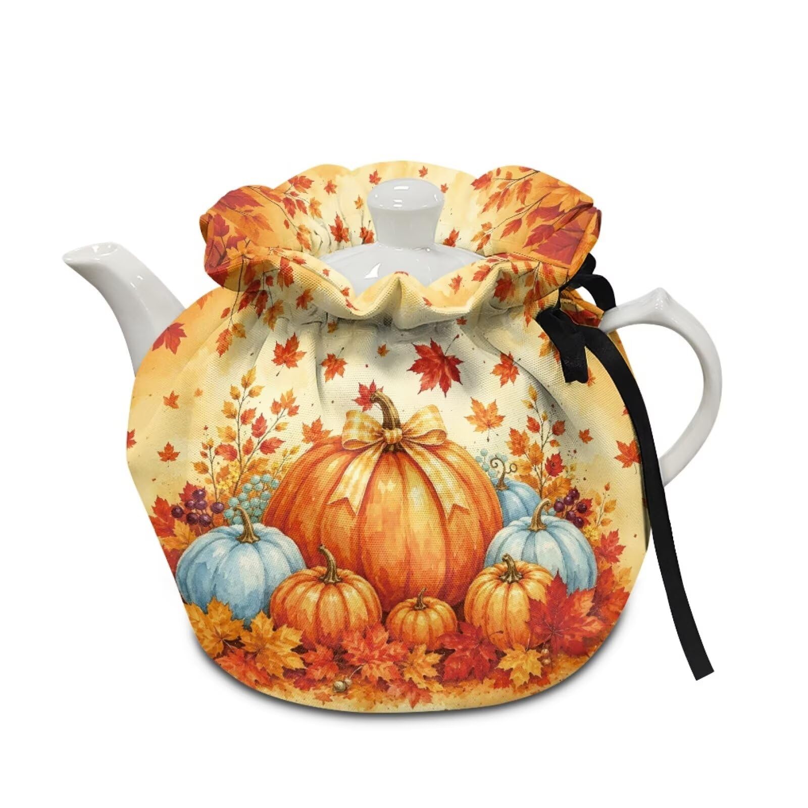 Fall Pumpkin Tea Cosy for Teapot Insulated Kettle Cover Bow Print Breakfast Warmer Kitchen Teapot Dust Covers Washable Tea Cozy Tabletop Decorations for Afternoon Tea