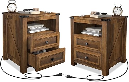 MUUEGM Mesa auxiliar de granja con estación de carga, mesa auxiliar para sala de estar, mesa auxiliar de sofá con cajones y armario de