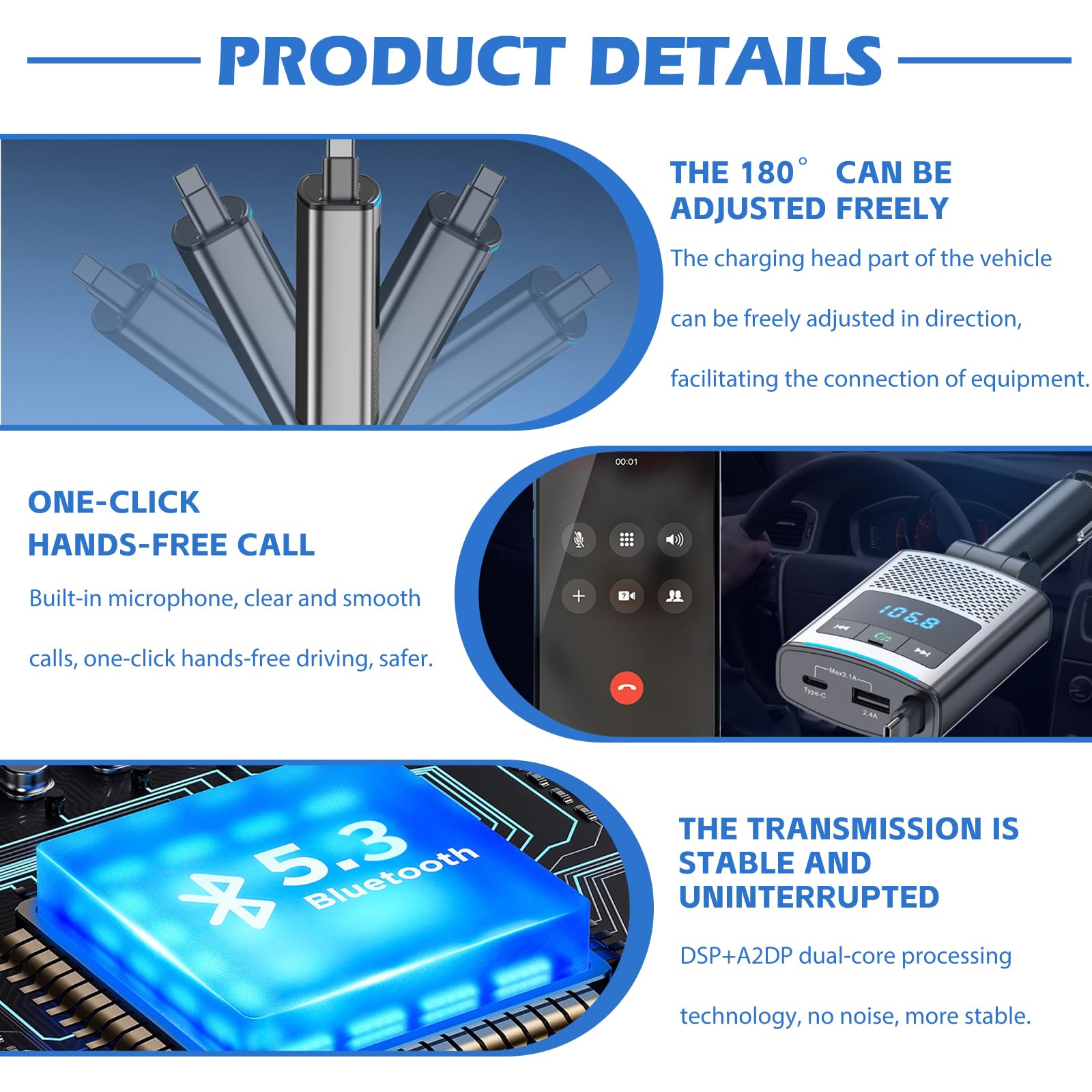 Adaptateur Bluetooth 5.3 80,5 W pour voiture, allume-cigare 3 en 1, émetteur USB & FM, avec câble rétractable de type C de 1 m, 24 V/12 V, adaptateur USB voiture avec kit mains libres pour iPhone